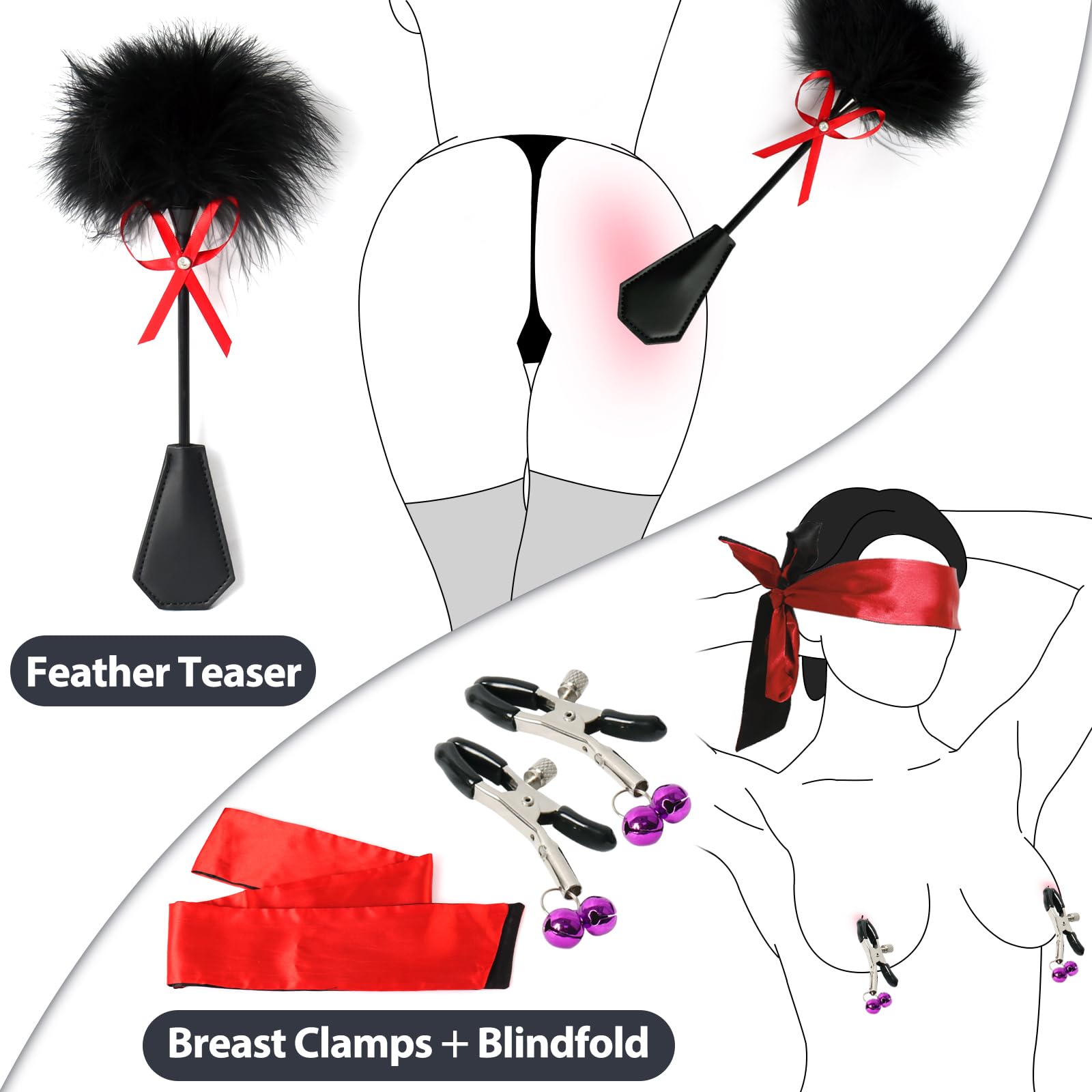 BDSM Bondage Wrist & Thigh Cuffs Set - Adjustable Restraints with Feather Tickler, Nipple Clamps & Blindfold - Adult Couples SM Toys for Men & Women - Perfect for Spicing Up Your Bedroom Play & BDSM Exploration