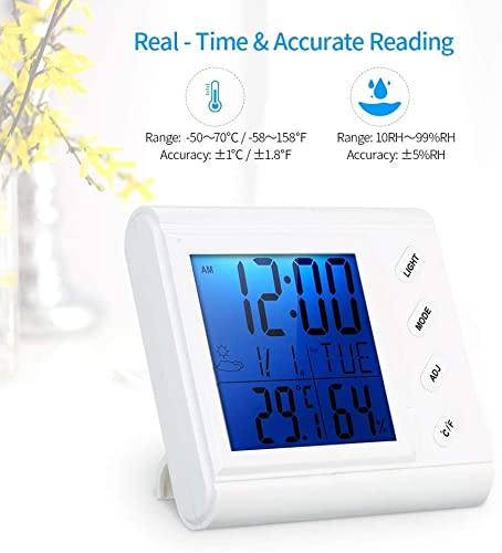 **Digital Hygrometer Indoor Thermometer - Accurate Temperature & Humidity Monitor with Backlit Display, Desk Clock for Bedroom, Office, Home & Greenhouse - Clear Reading & Time Display for Comfortable Living Spaces**