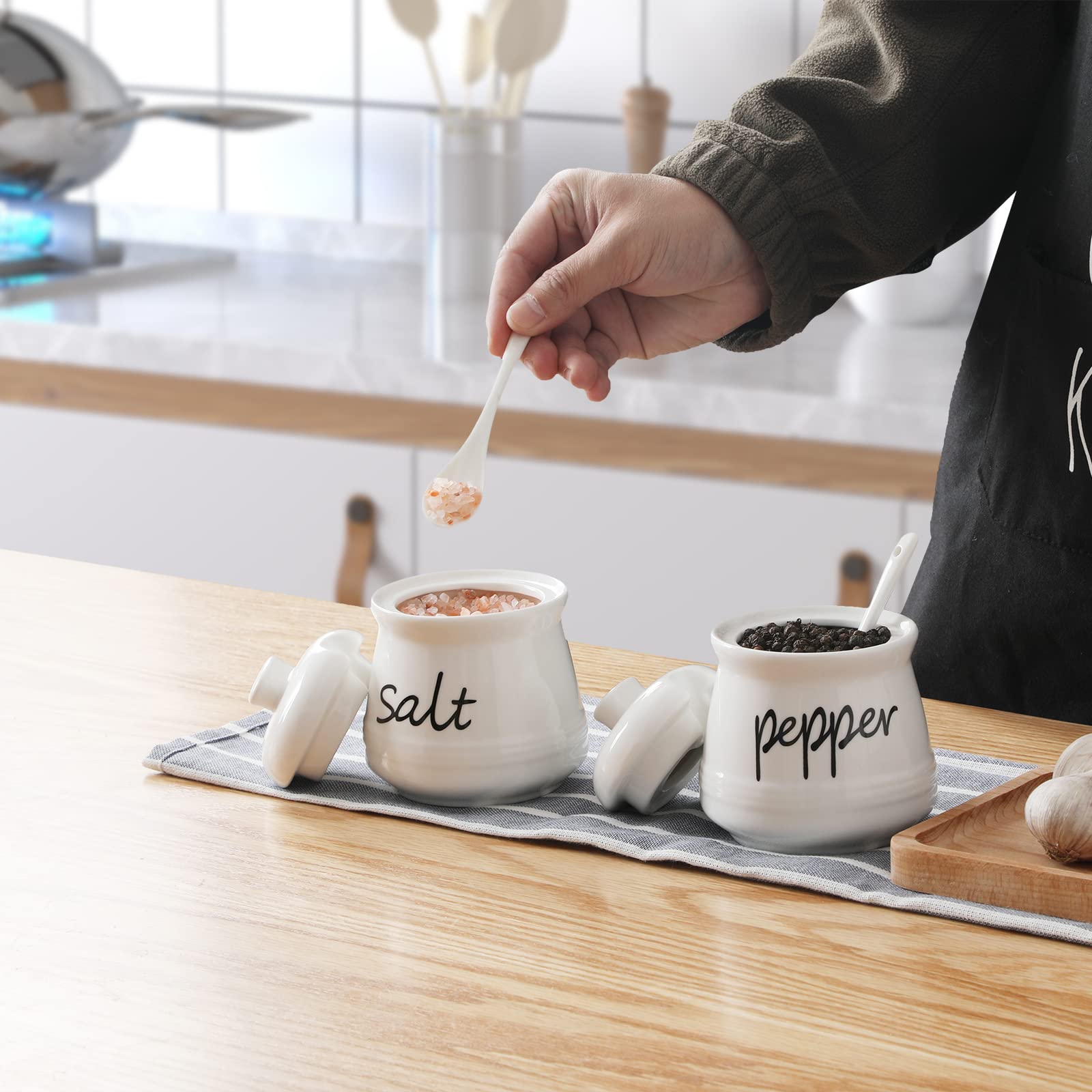 ONTUBE 12oz Ceramic Salt and Pepper Shakers with Lid & Spoon - Airtight Spice Containers for Kitchen, Dining Table, and Restaurant Use (White)