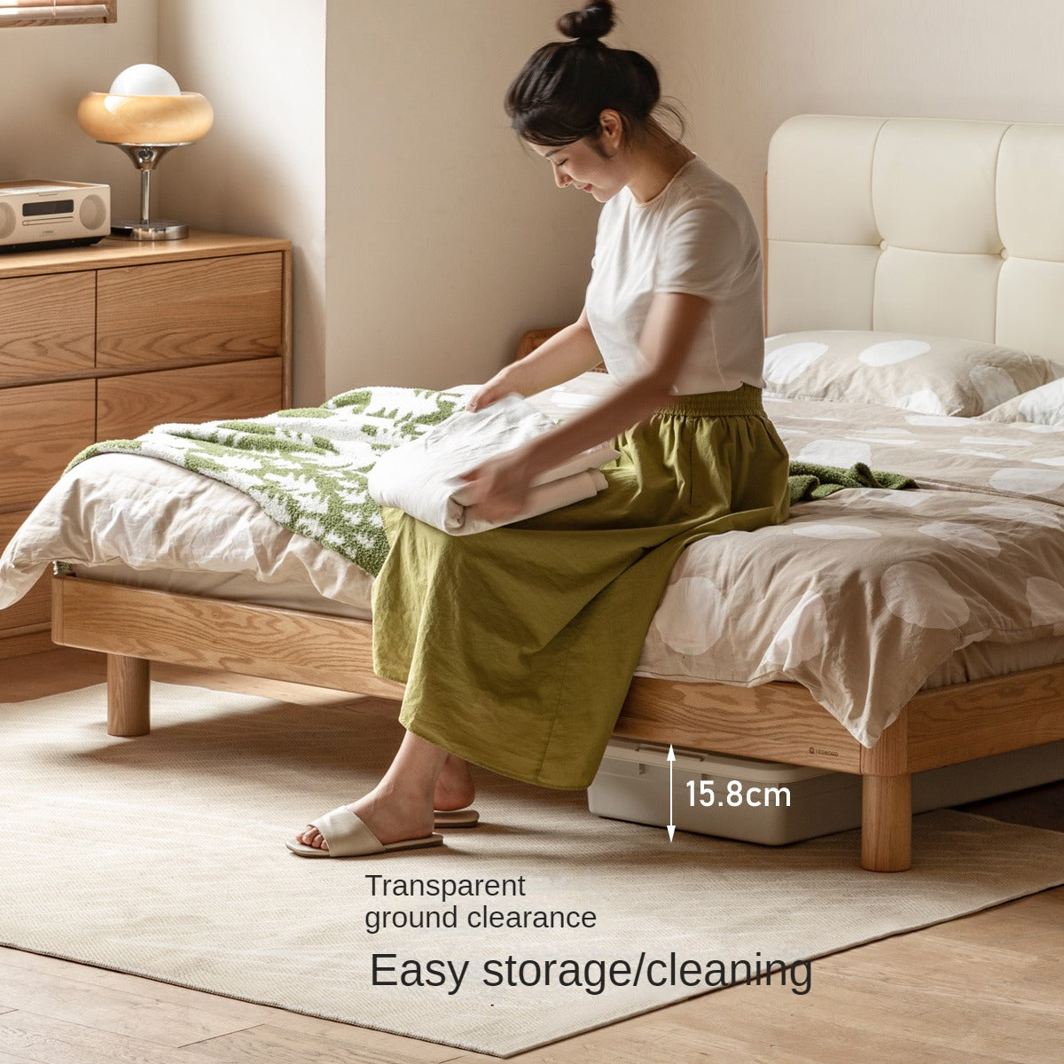 Solid Oak Wood Nordic Soft Back Bed - Modern Minimalist Design for Bedroom & Guest Room