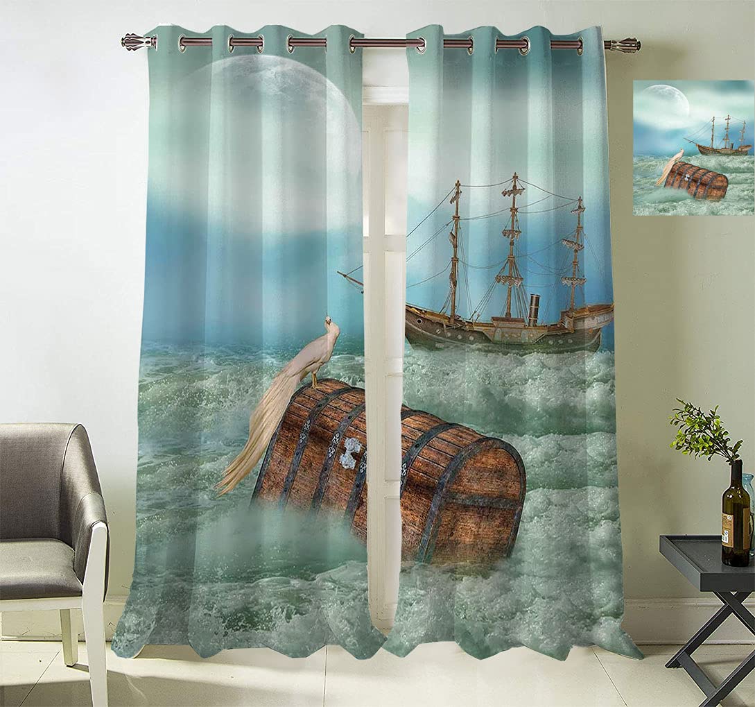 Fantasy Thermal Insulated Curtains - Vintage Pirate Ship & Magic Bird Ocean Wave Design, 84x84 Inch Mint Green Light Caramel Drapes for Bedroom & Living Room | Energy Saving, Noise Reducing Window Treatments for Home Decor