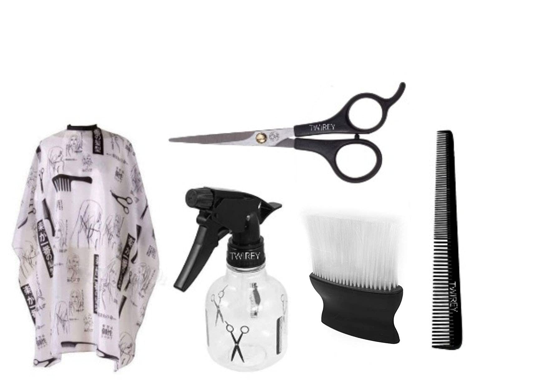 TWIREY 5-in-1 Professional Salon Hair Cutting Kit - Hair Scissors, Cutting Cape, Neck Duster Brush, Comb & Spray Bottle (5-Piece Set) for Barbers & Home Haircuts
