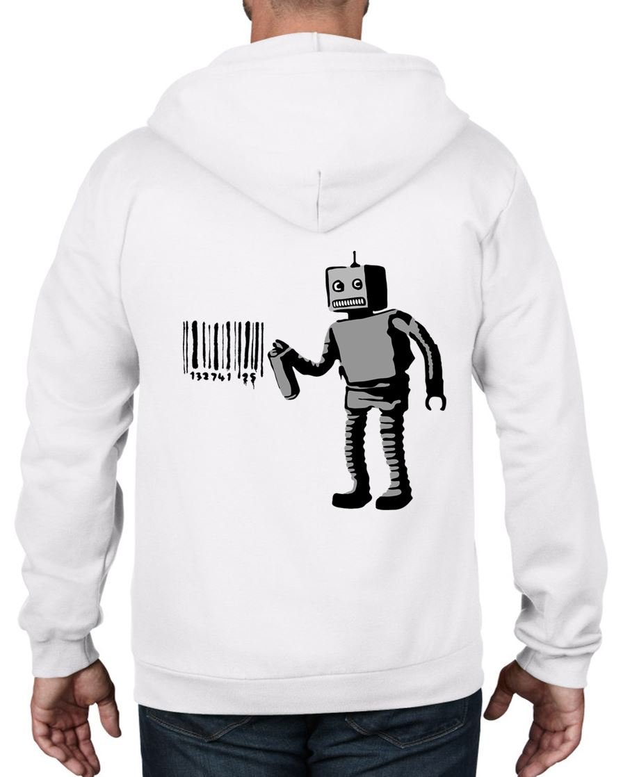 Banksy Robot Barcode Full Zip Hoodie - Tribal Graphic T-Shirt for Men & Women (Medium, White) | Streetwear Fashion, Urban Style, Art Lover Gift
