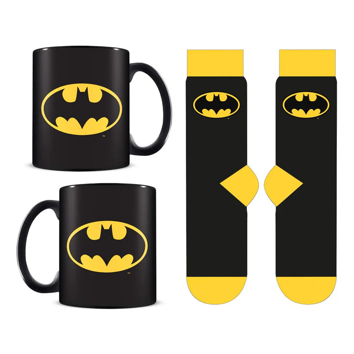 Batman Logo Coffee Mug & Socks Gift Set - Official DC Comics Merchandise - Perfect for Superhero Fans, Office Use & Geek Gifts