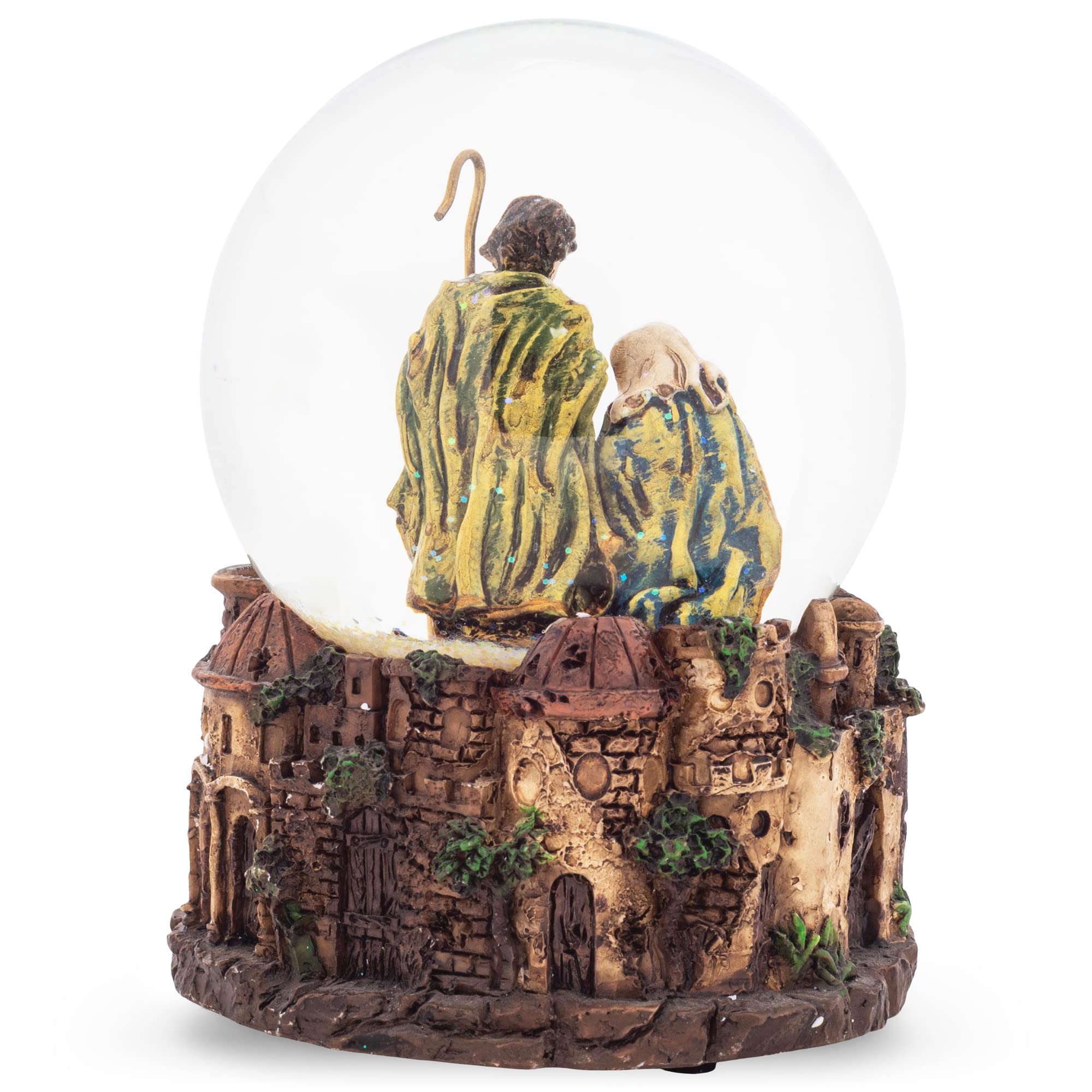 Elanze Designs Nativity Town MM Polyresin Christmas Snow Globe with Glitter Water - Silent Night Music, Whimsical Tabletop Decoration for Dresser, Nightstand, or Holiday Display
