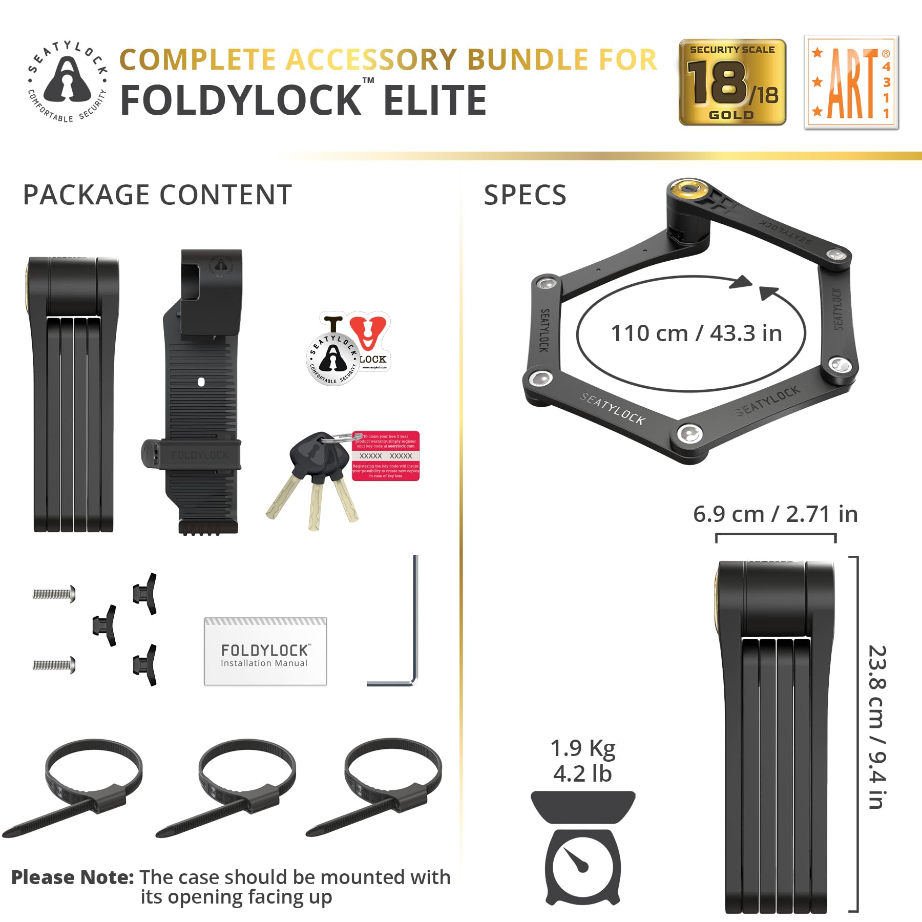 Seatylock FoldyLock Elite Folding Bike Lock - 18/18 High Security Sold Secure Gold Rated Bicycle Lock - Heavy Duty Anti-Theft with Keys & Mount Case - 43.3