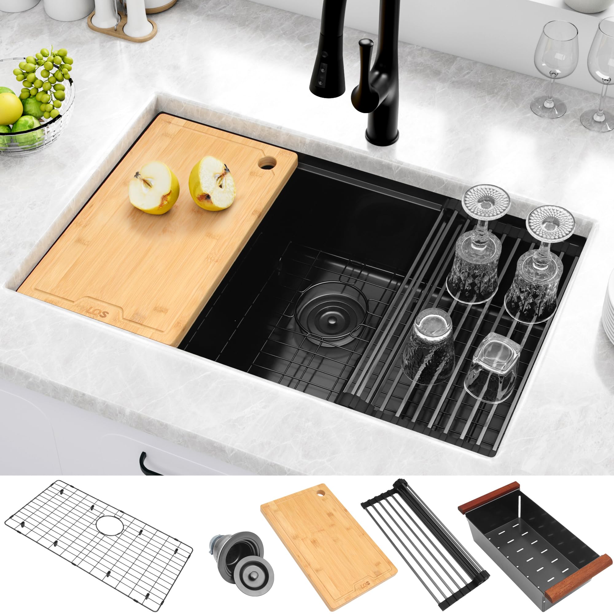 LQS 32 Inch Black Undermount Kitchen Sink - 16 Gauge Stainless Steel Workstation Sink with Accessories (32”x19”) | Deep Single Bowl for Modern Kitchens | Perfect for Meal Prep, Dishwashing & Entertaining