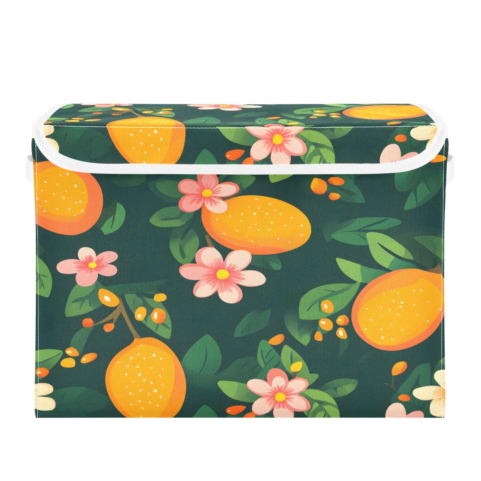 Mango Flower Leaf Pattern Foldable Fabric Storage Bins with Lids - Collapsible Organizer Box for Home, Bedroom, Closet & Office - Perfect for Clothes, Toys, Blankets & Seasonal Storage