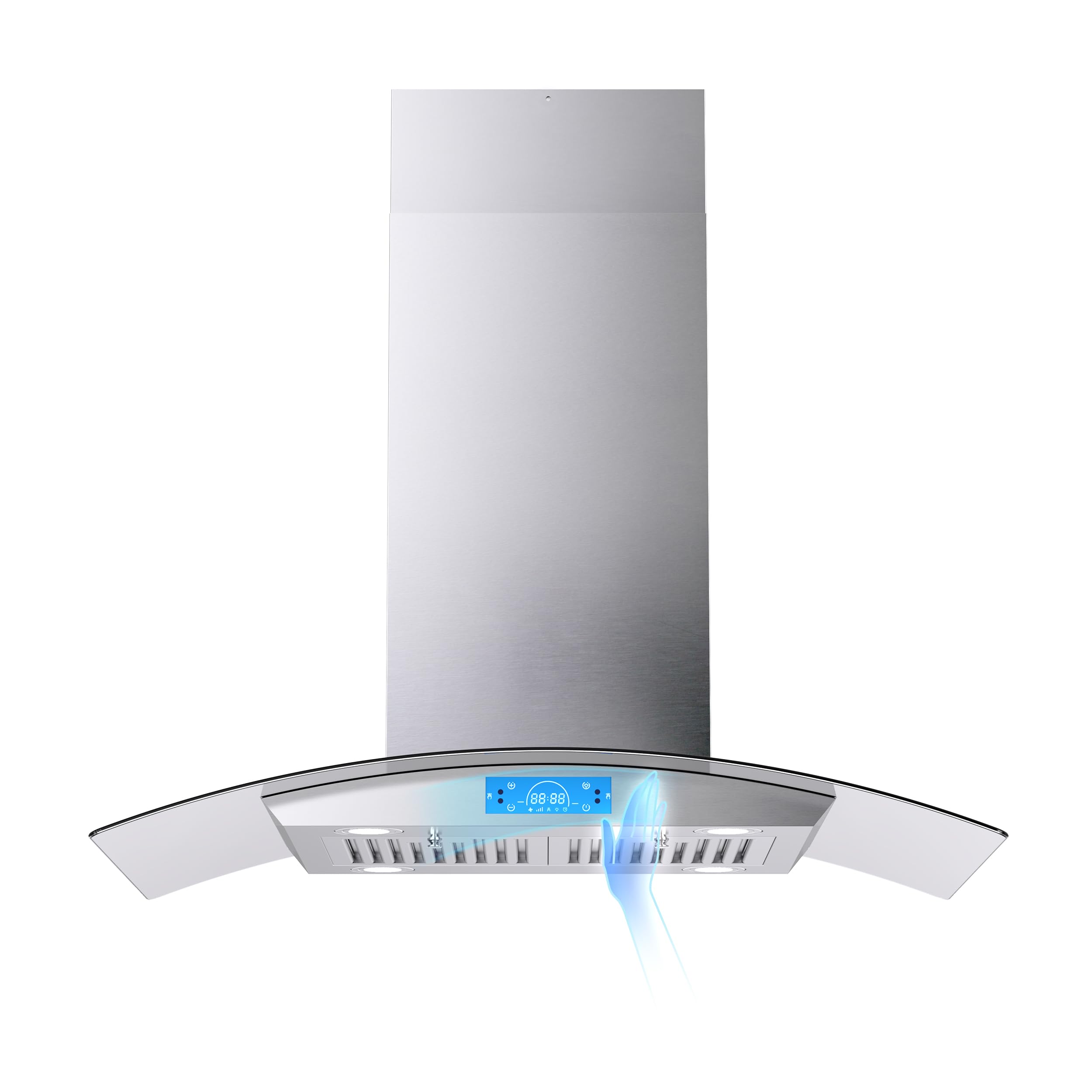 **FIREGAS 36 Inch 700 CFM Stainless Steel Island Range Hood with Tempered Glass, 4 LED Lights, 3-Speed Fan & Touch Control – Permanent & Charcoal Filters – Perfect for Modern Kitchens & Open-Concept Homes**