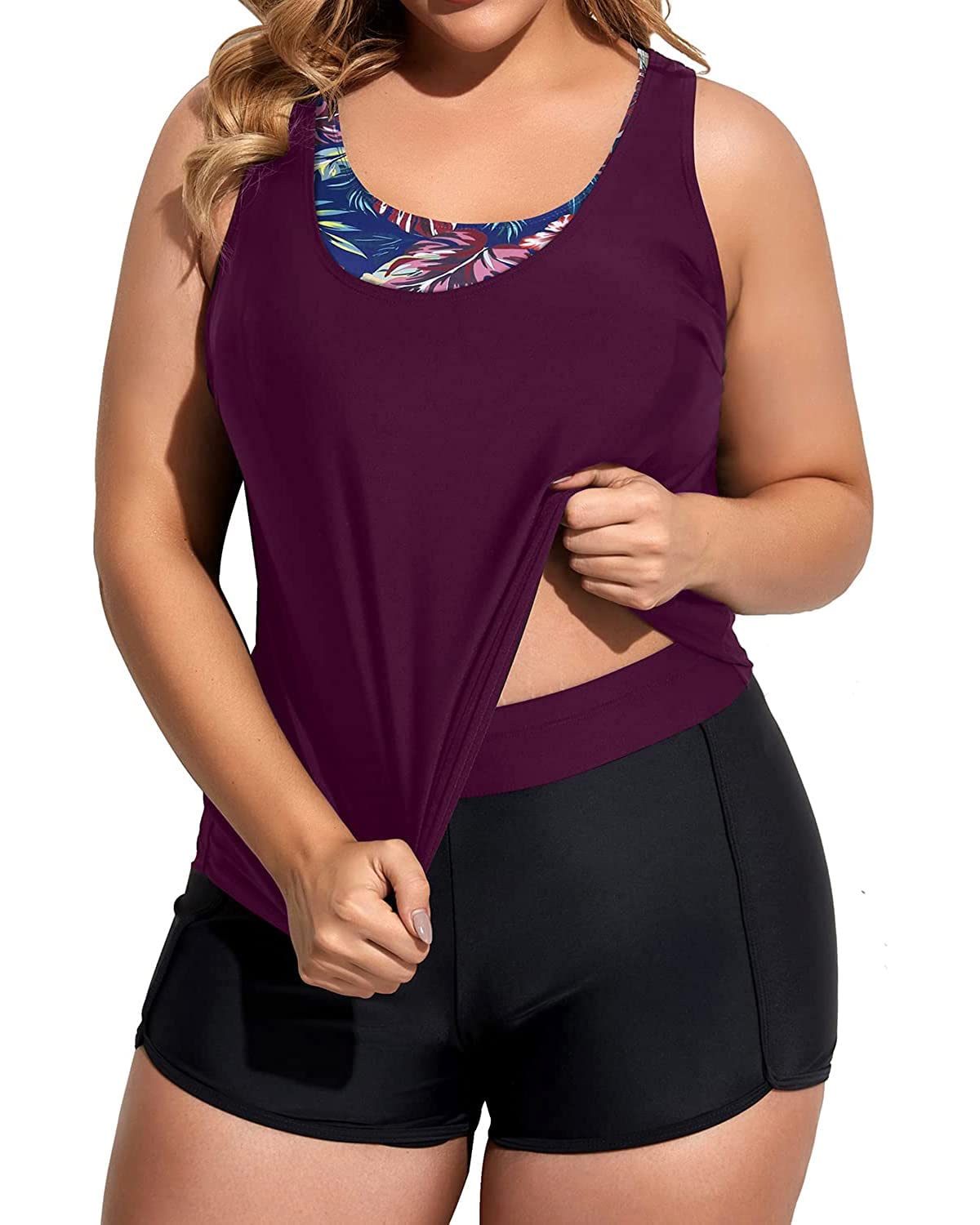 Holipick Women's Plus Size 3-Piece Tankini Swimsuits - Tummy Control Bathing Suit with Boy Shorts & Sports Bra Top - Flattering Swimwear for Beach, Pool & Vacation