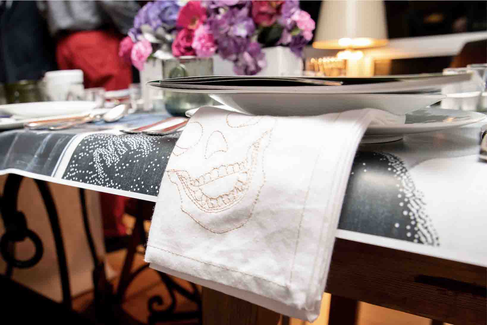 Ivory Skull Embroidered Cotton Napkins - Set of 4 Premium Gothic Dinner Napkins for Halloween, Gothic Weddings, and Dark-Themed Parties