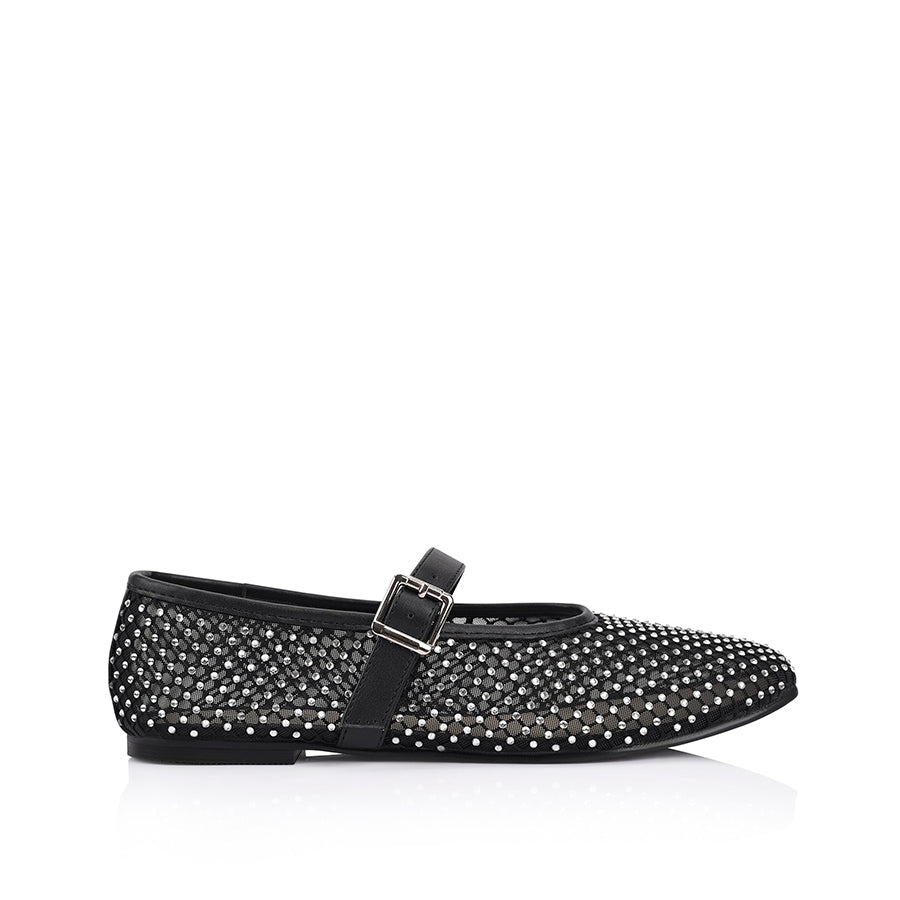 Damsel Diamante Mary Jane Flats for Women - Elegant Black Ballet Shoes | Perfect for Weddings, Parties & Everyday Wear