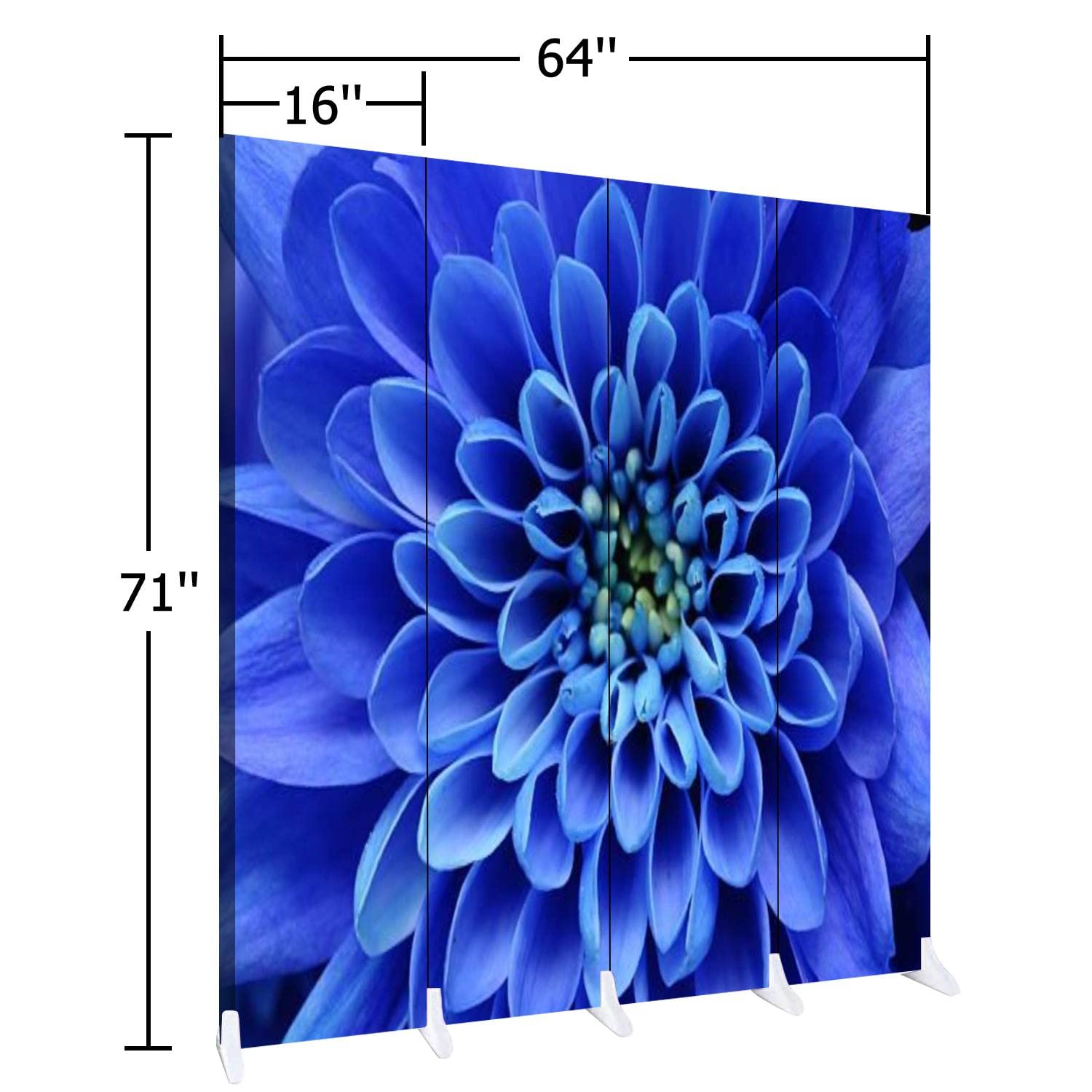 Blue Flower Wood Screen Room Divider - 4 Panel Folding Privacy Partition with Dual-Sided Canvas for Indoor Spaces | Perfect for Home Office, Bedroom Separation & Decorative Display