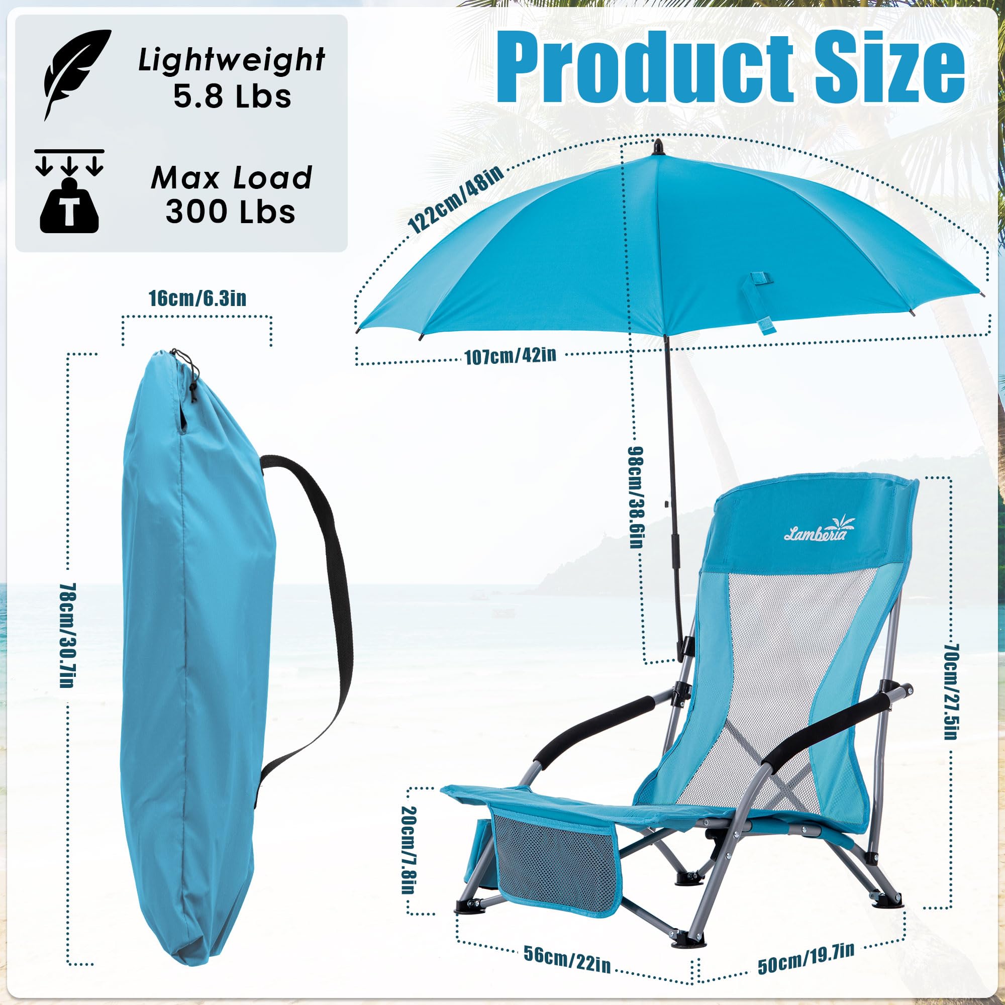 Lamberia Folding Beach Chair with Umbrella - Portable Low Profile Camping Chair for Adults, Supports 300lbs - Lightweight Foldable Outdoor Chair for Travel, Picnic, Concert, Beach & Backyard Relaxation - Blue