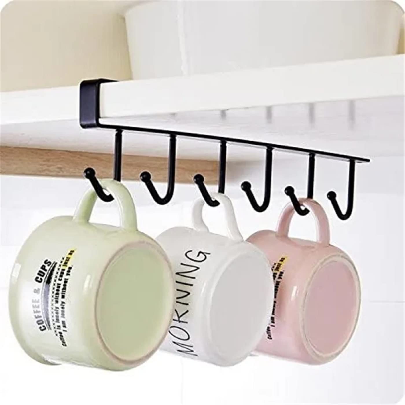 Mopslik - Under Shelf Coffee Mug Holder with 6 Hooks, Metal Hanging Rack Organizer for Kitchen, Cabinet, Table - Space Saving Storage Solution (Black, Pack of 1) - Perfect for Small Kitchens, Dorms, Offices & RVs