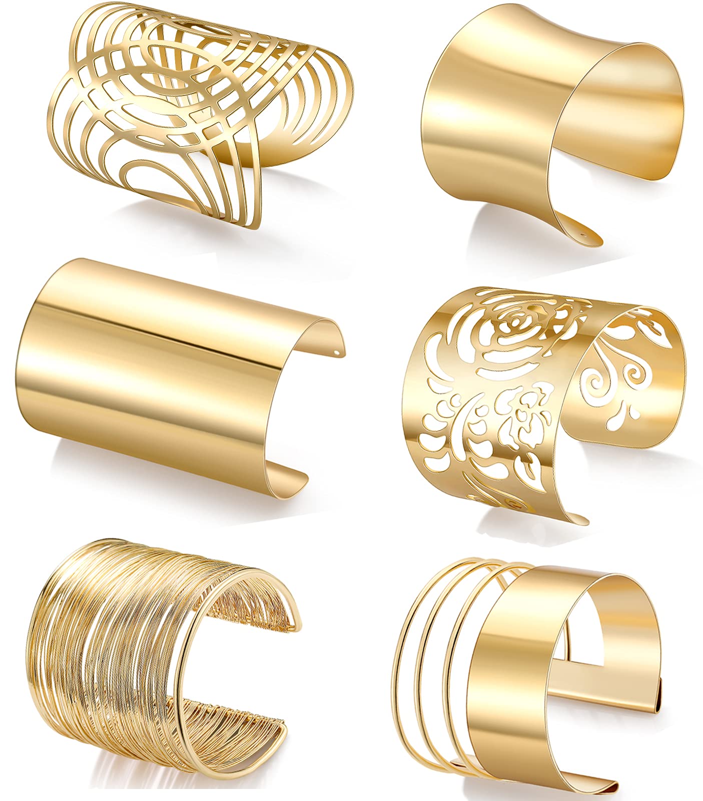 MOZAKA 6Pcs Gold Open Cuff Bangle Bracelets for Women - Adjustable Wire Wrap Wrist Cuff Bracelet Set, Perfect for Parties, Weddings & Everyday Fashion Accessories