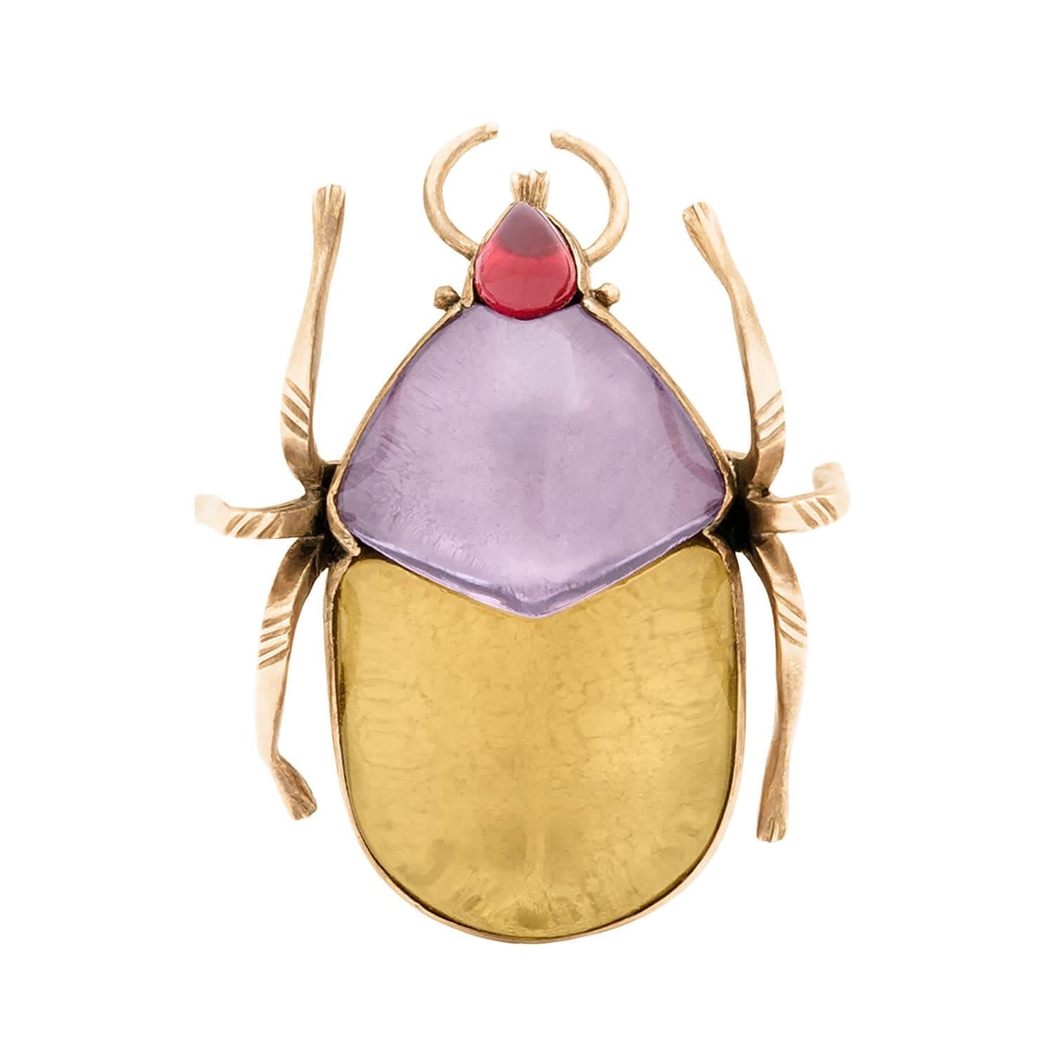 Victorian 10K Gold Citrine, Amethyst & Red Glass Scarab Beetle Brooch Pin - Vintage Jewelry for Collectors, Gift for Her, Antique Fashion Accessory