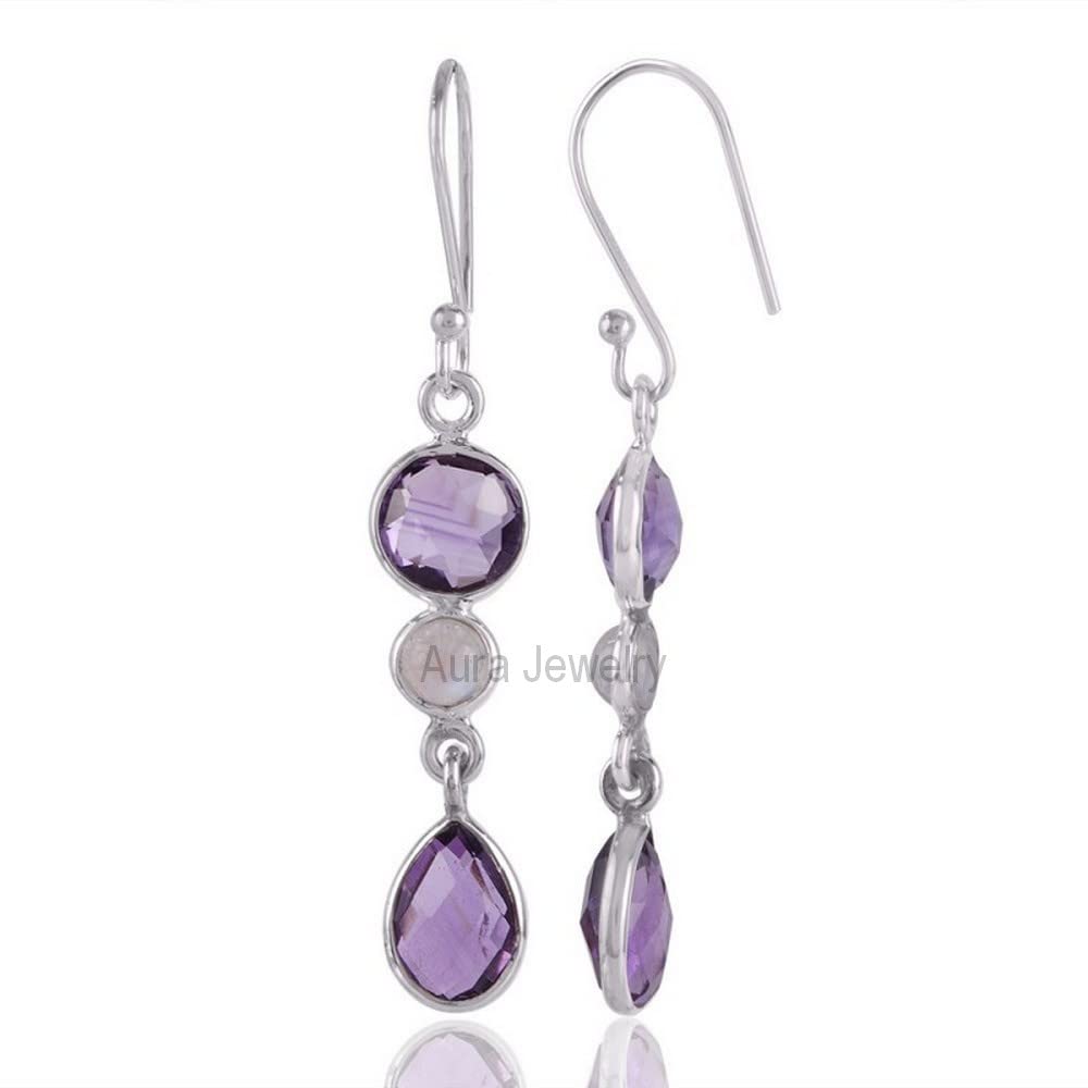 925 Sterling Silver Dangle Earrings for Women - February Birthstone Amethyst & Moonstone Bezel Set Earrings | Hypoallergenic Handmade Jewelry | Perfect Christmas Gift, Birthday Present & Special Occasion Accessory