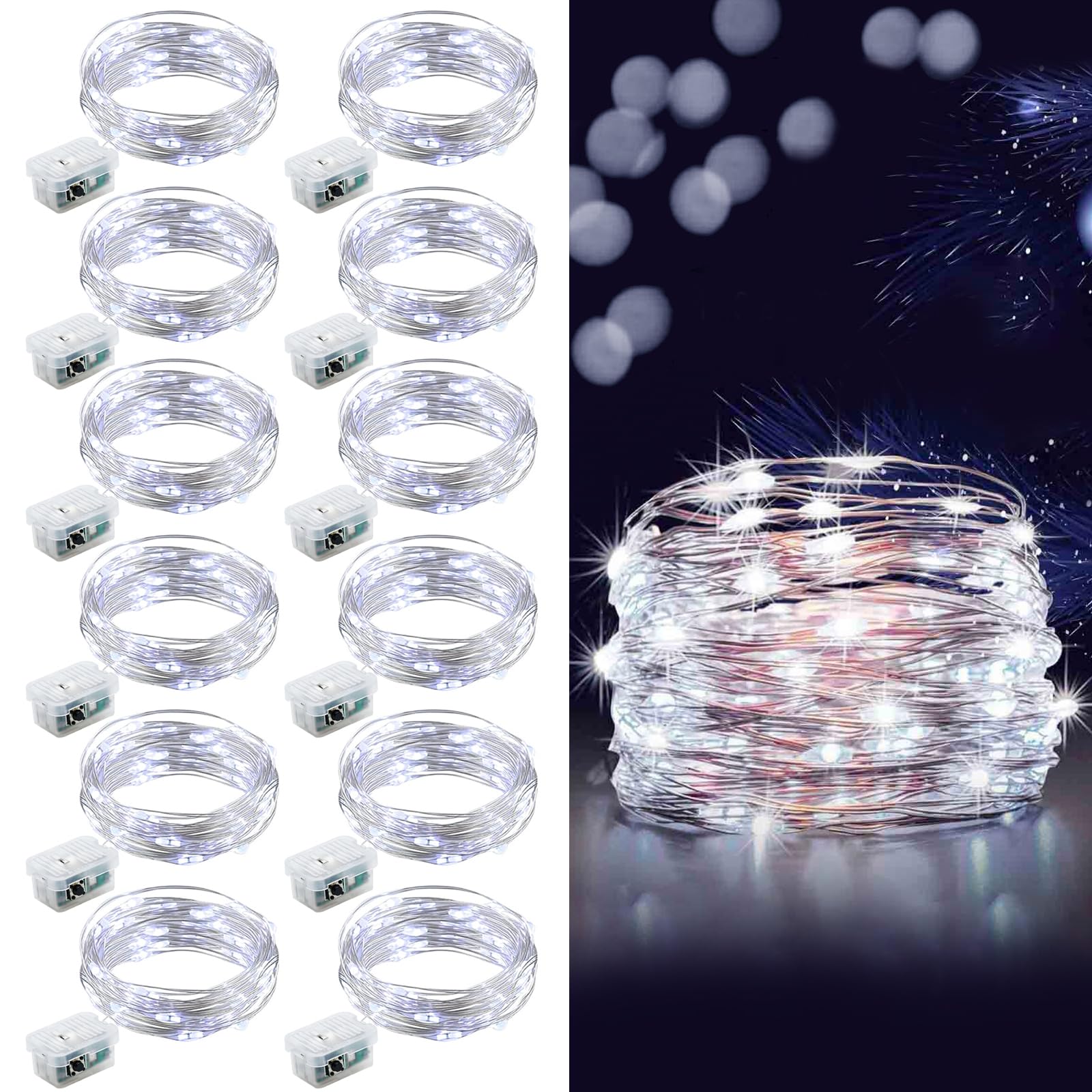 12 Pack LED Fairy Lights - Battery Operated String Lights with 3 Modes, Waterproof Silver Wire (7 Feet) for DIY, Wedding, Party, Christmas Decor - Perfect for Mason Jars, Bedrooms, and Outdoor Lighting (White)