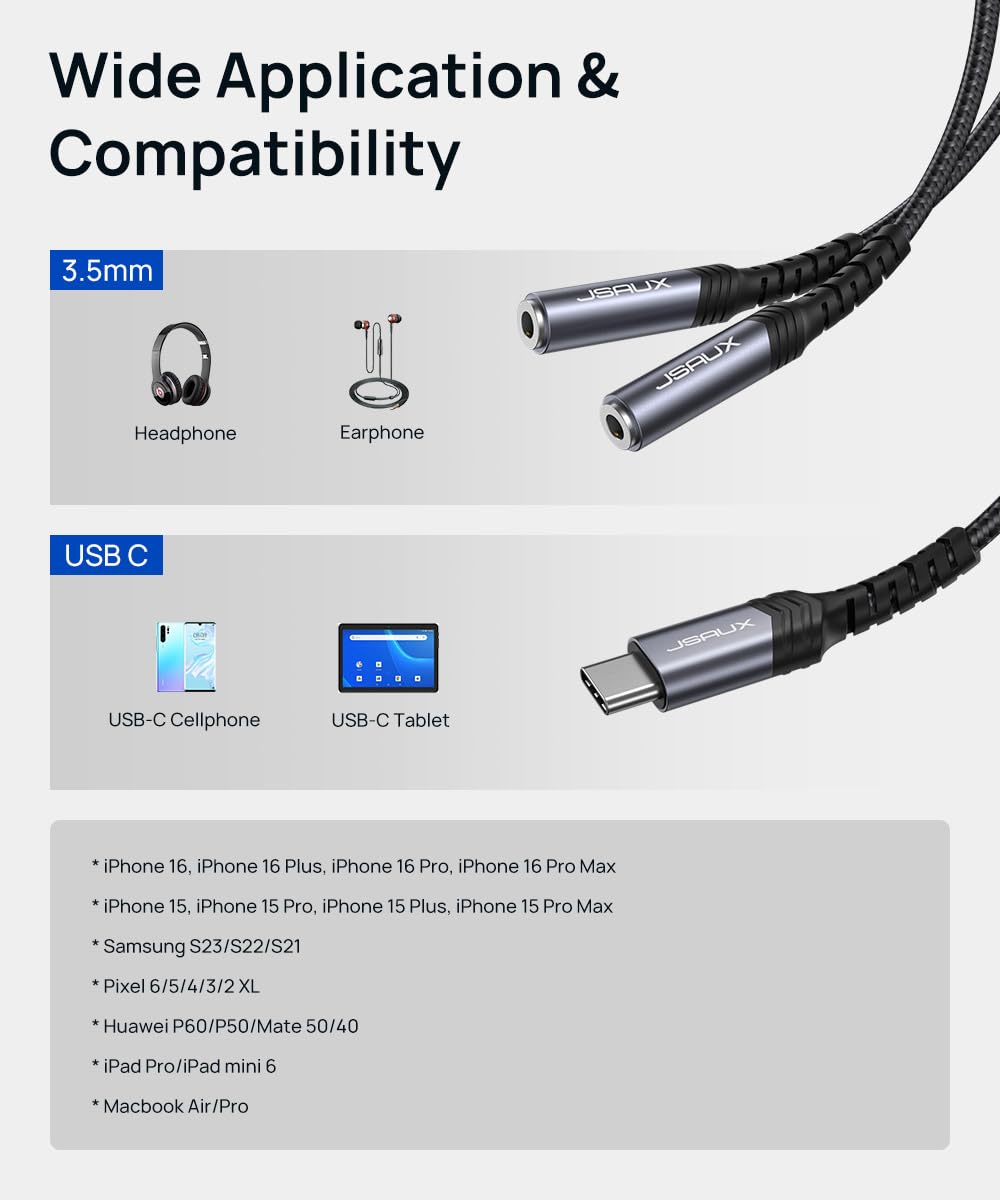 JSAUX USB C to Dual 3.5mm Headphone Splitter Adapter - Type C to 2x 3.5mm Female Audio Y Cable - Compatible with iPhone 16 Pro Max/15 Pro Max, Galaxy S24/S23 Ultra, Pixel, iPad Pro - Share Music with Friends - Perfect for Travel, Gaming & Movie Nights (Grey)