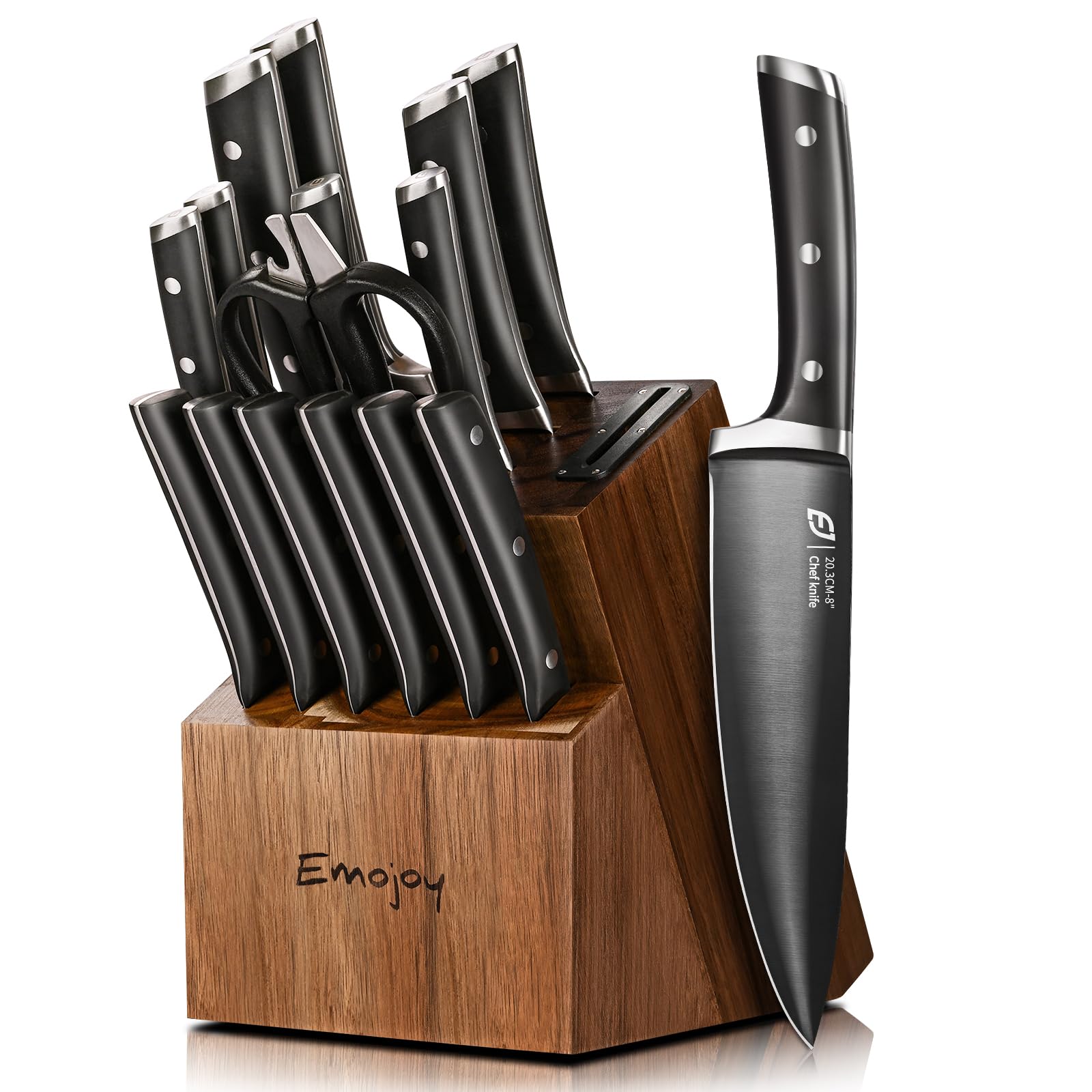 Emojoy 17-Piece Premium Kitchen Knife Set with Acacia Wood Block - Titanium Stainless Steel Knives with Built-in Sharpener, Rust Proof Cutlery Set for Professional Chefs & Home Cooking | Perfect for Meat Cutting, Vegetable Chopping & Food Prep