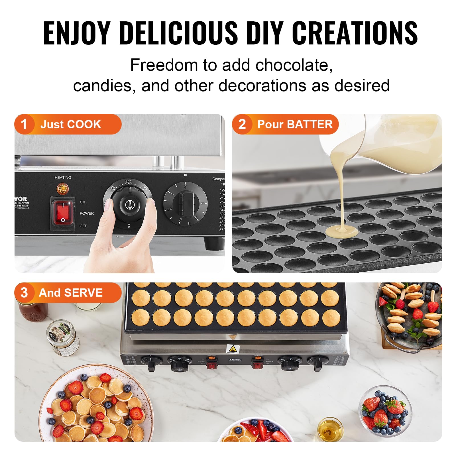 VEVOR 110V Mini Dutch Pancake Maker Machine - 1700W Commercial Electric Nonstick Waffle Baker with 50PCS 1.8 Inch Molds, Dual Thermostats & Independent Timers - Perfect for Home Kitchens, Cafes, and Breakfast Restaurants