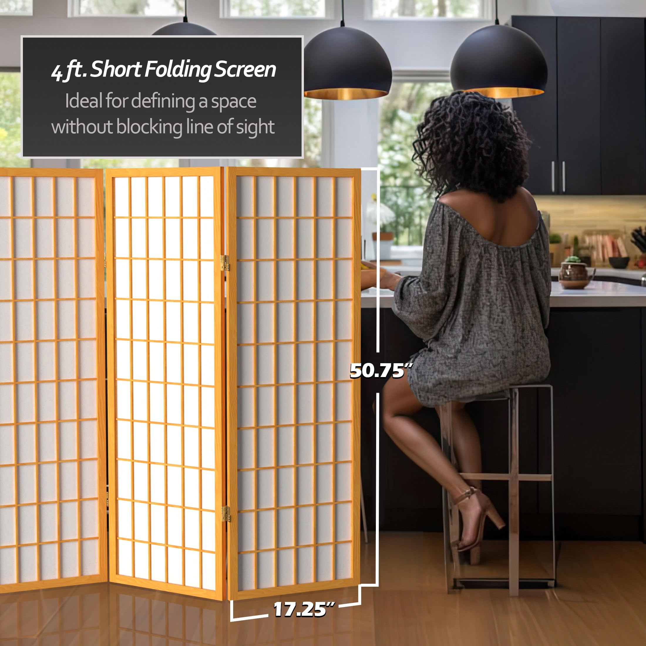 4 ft. Short Honey-Colored Shoji Room Divider Screen - 5-Panel Folding Privacy Partition for Home, Office & Meditation Spaces - Traditional Japanese Style Window Pane Design