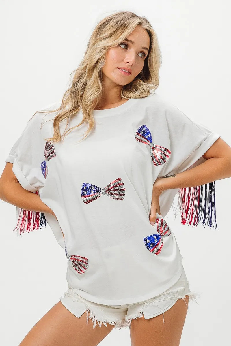 BiBi Patriotic American Flag Sequin Ribbon T-Shirt - Stylish USA Pride Top for Women, Perfect for 4th of July, Memorial Day & Independence Day Celebrations
