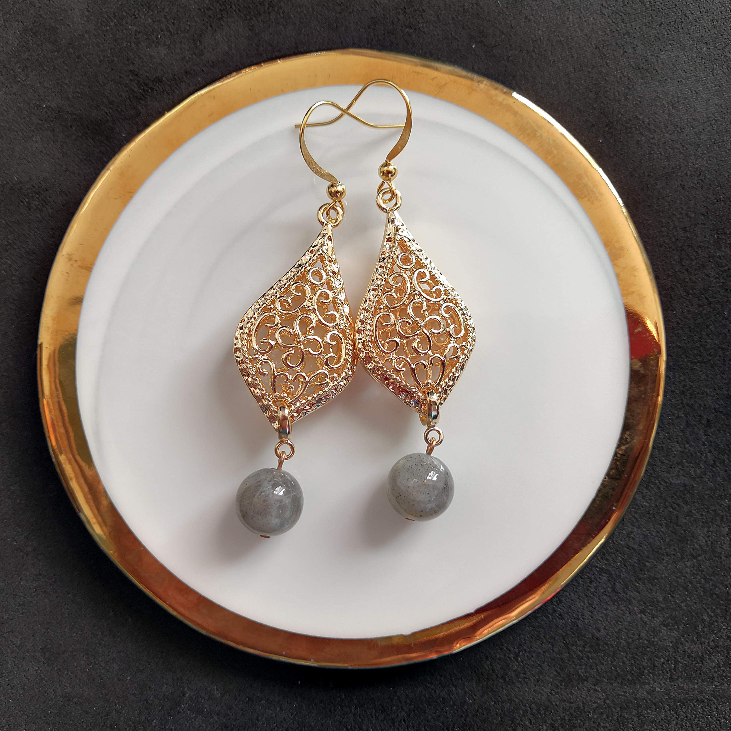 2020 Ancient Civilizations Series Indian Handmade 10mm Moonstone Drop Earrings with Gold-Plated Hooks - Perfect for Boho Chic, Wedding & Festival Jewelry