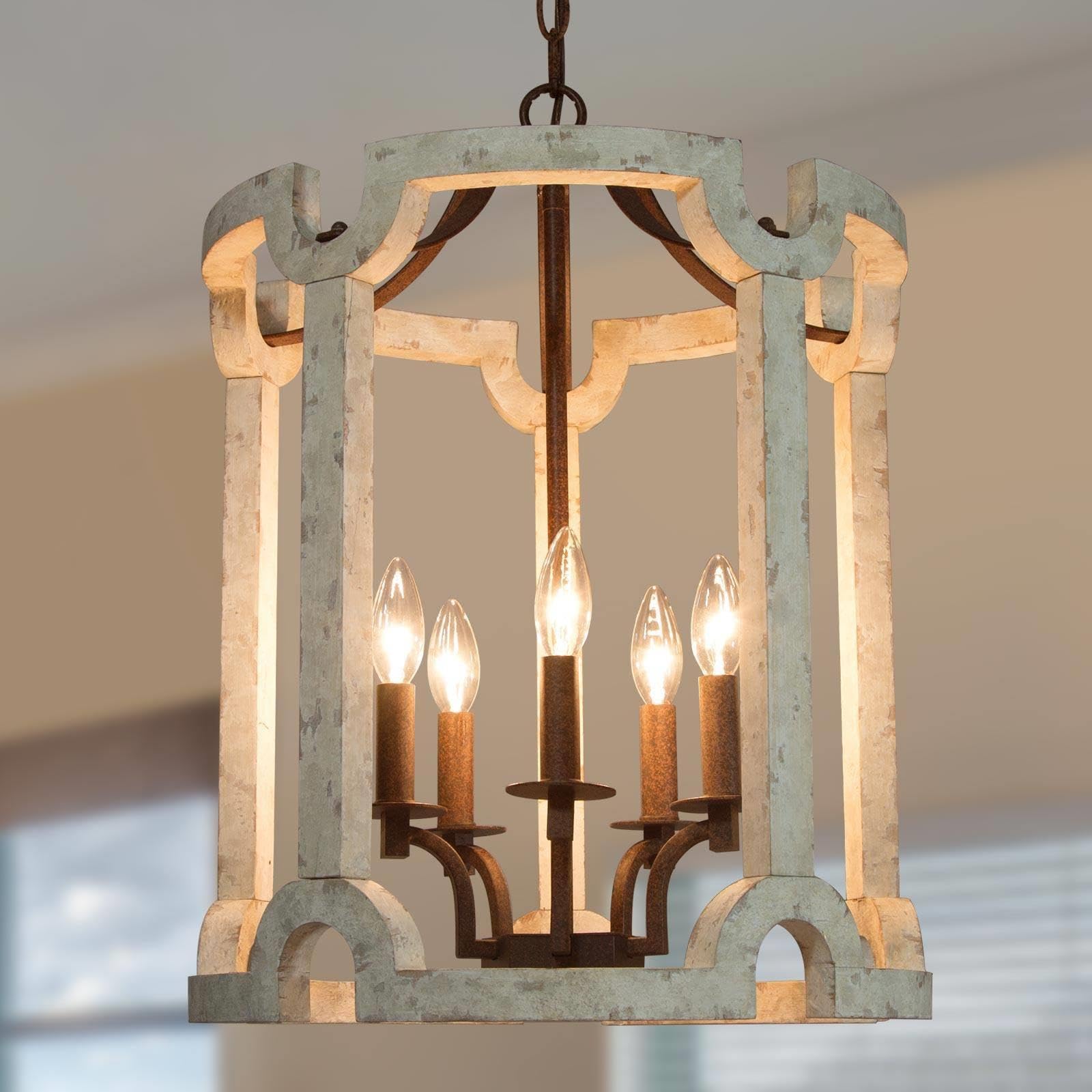 KSANA Farmhouse Chandelier - 5-Light French Country Wood Drum Ceiling Light Fixture with Distressed White Finish | Rustic Dining Room, Living Room, Bedroom, Kitchen Island & Entryway Lighting | Perfect for Farmhouse, Cottage & Vintage Home Decor