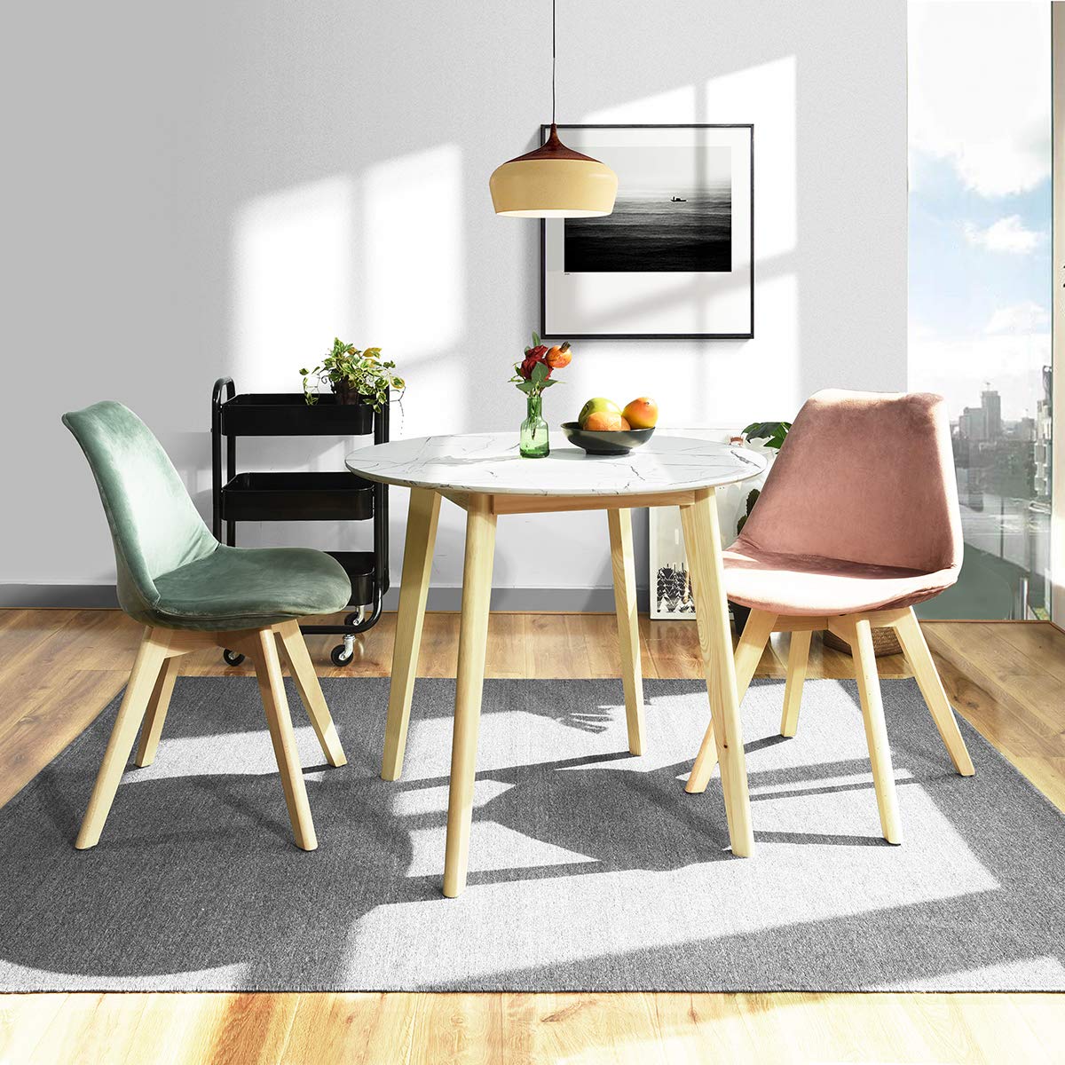 31.5 Inch Round White Dining Table - Small Kitchen & Dining Room Table with Marble Top, MDF Base & Beech Wood Legs - Perfect for Breakfast Nooks, Small Spaces & Apartment Living