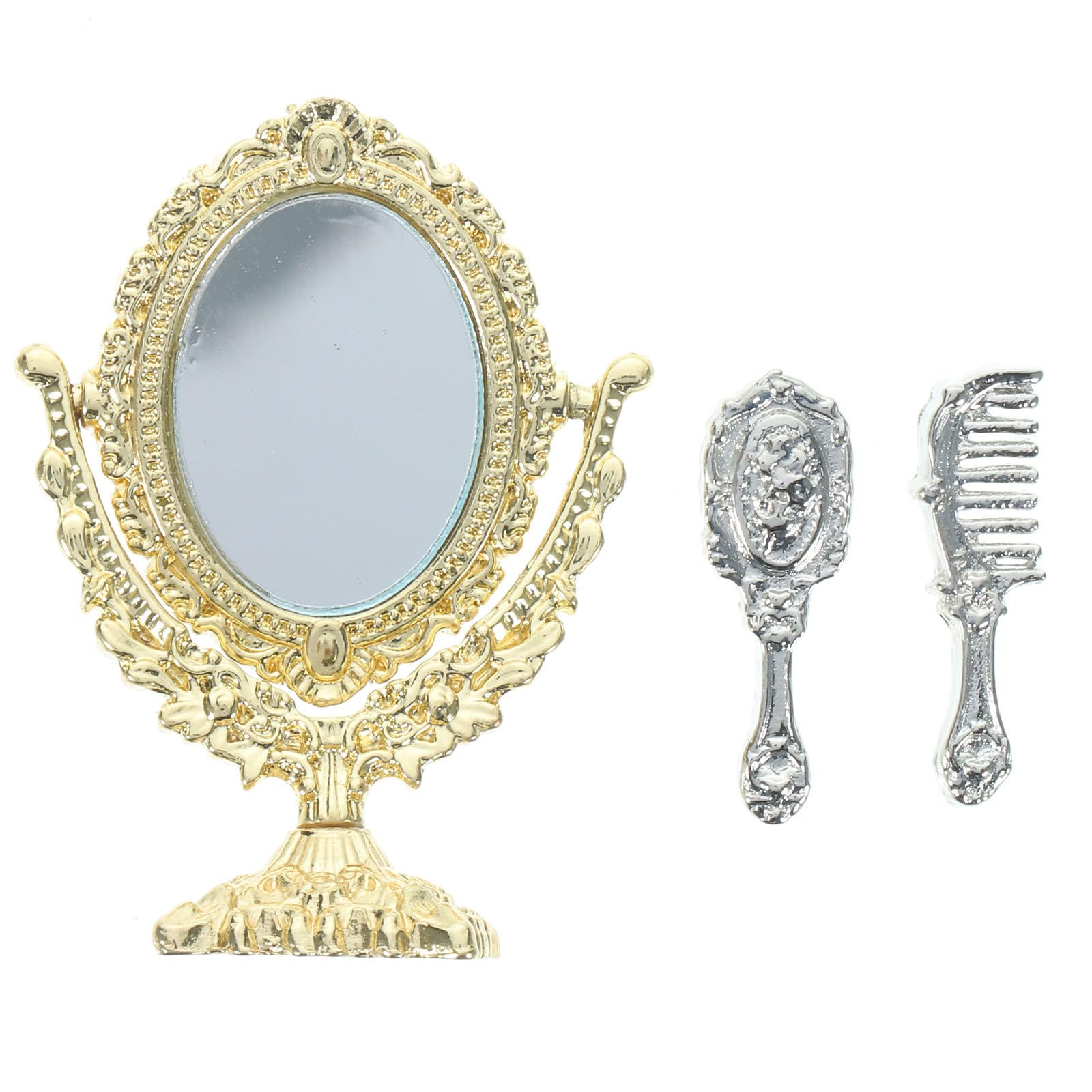 1:12 Scale Miniature Framed Mirror & Comb Set - Antique Golden Dollhouse Mirror with Silver Comb for Dollhouse Decoration, DIY Crafts, and Photo Props