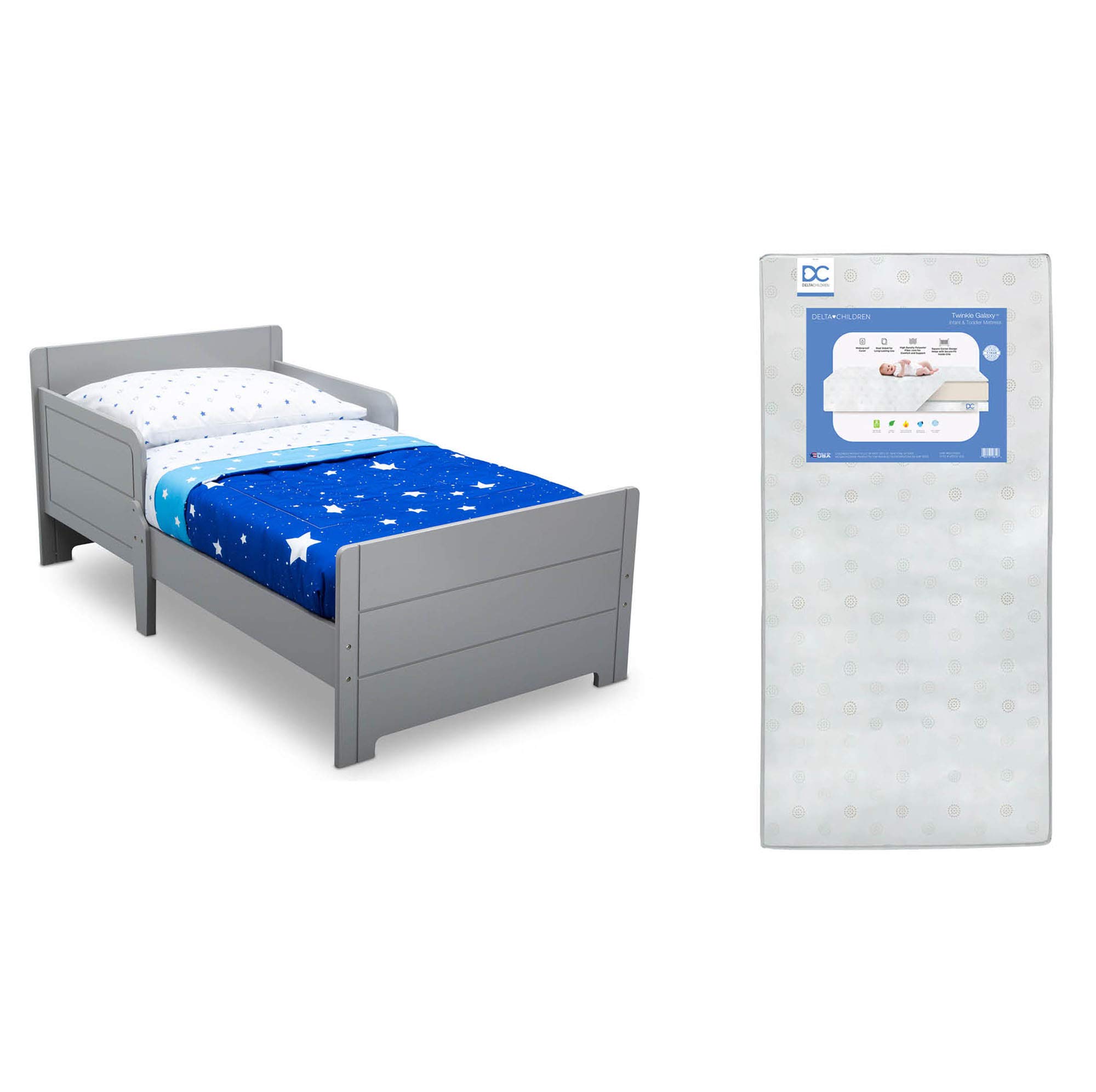 Delta Children MySize Toddler Bed with Dual-Sided Recycled Fiber Core Mattress & Waterproof Cover – Grey, Supports Up to 50 lbs – Perfect for Toddler Rooms, Daycares & Sleepovers