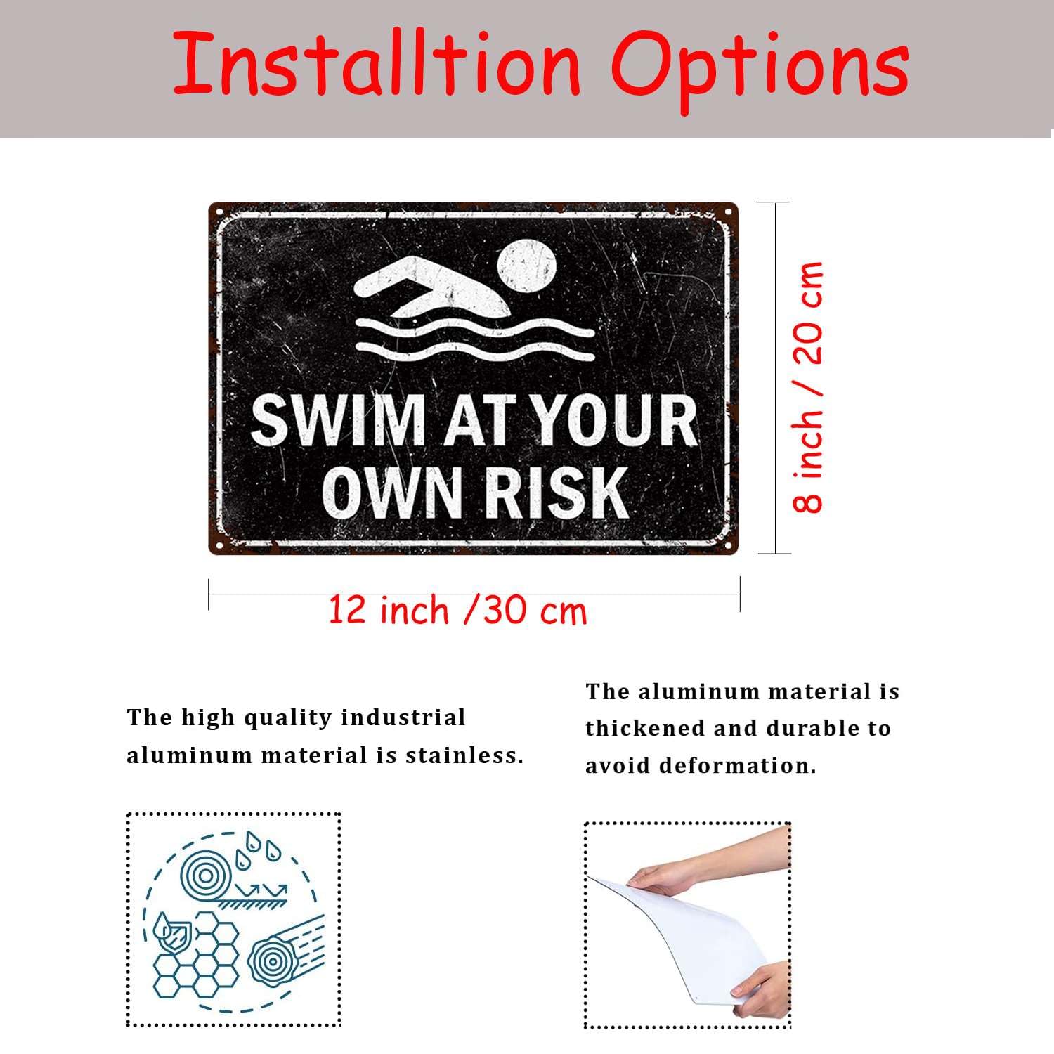 Swim at Your Own Risk Sign - Rust-Free Reflective Tin Painting, 8x12 Inch Weatherproof & Fade-Resistant Metal Sign for Pool, Beach & Water Park Safety - Perfect for Outdoor Decor & Warning Signs