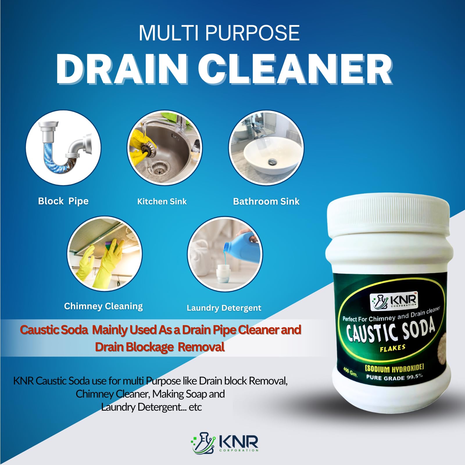 KNR CORPORATION Caustic Soda Flakes (400G) - Fast-Acting Drain Cleaner, Sink Unclogger & Chimney Cleaner | Odorless Formula for DIY Soap Making & Home Cleaning | 400 Gram Jar for Kitchen, Bathroom & Industrial Use