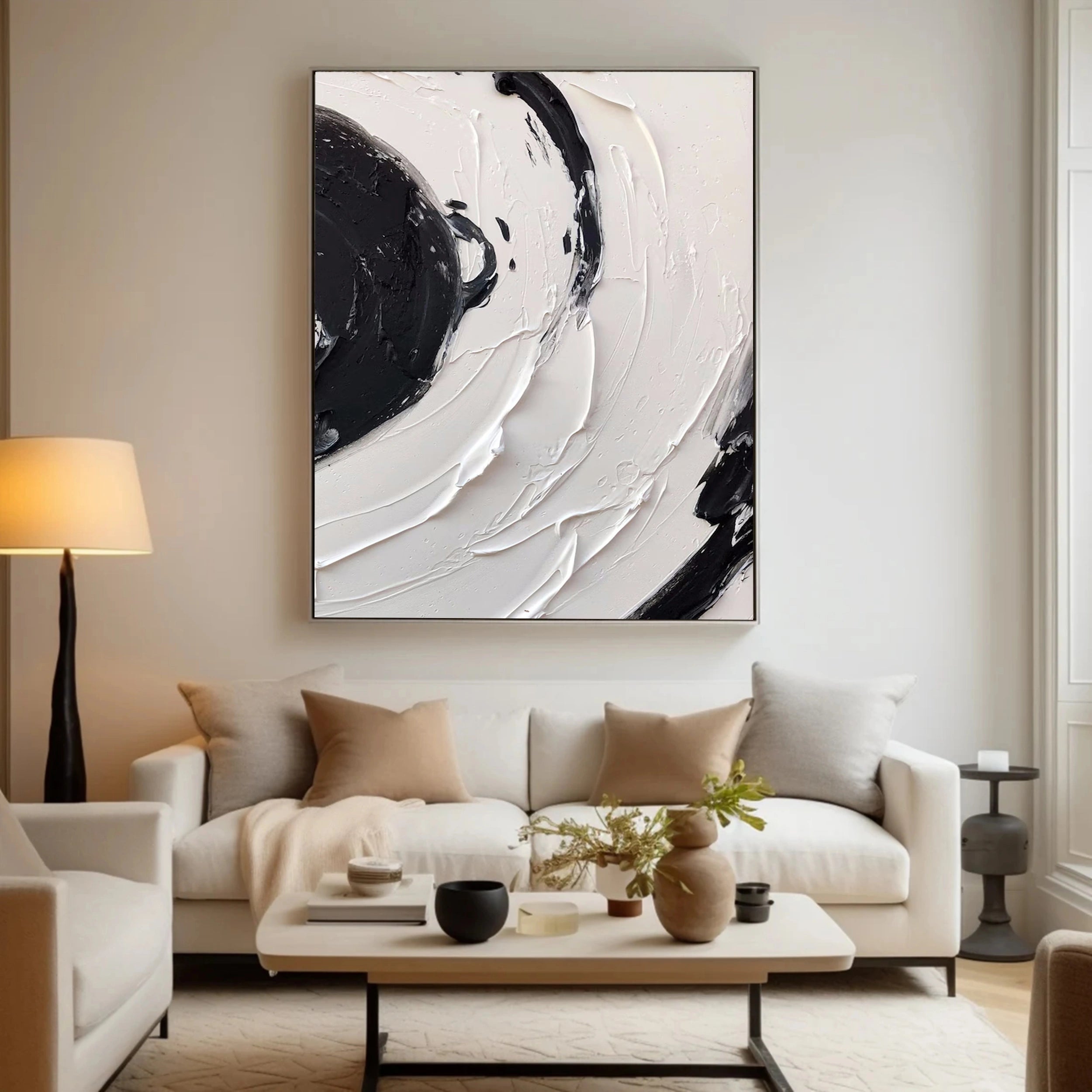 White & Black Minimalist Textured Painting Canvas - Modern Abstract Wall Art for Living Room & Bedroom Decor #MM139