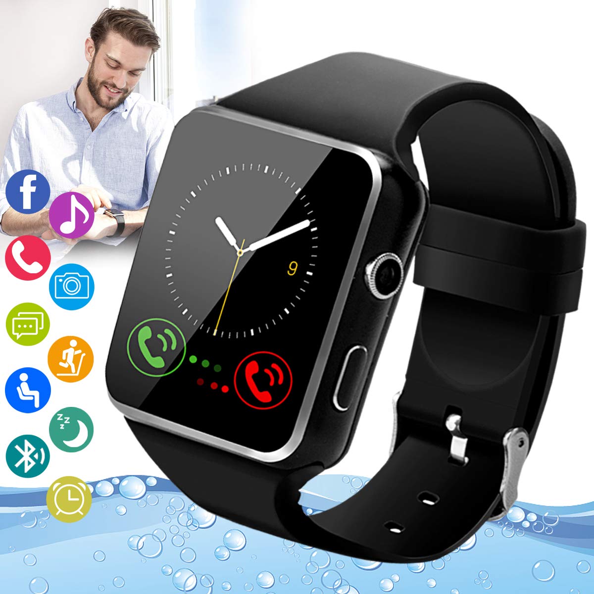 Amokeoo Smart Watch for Android - Touch Screen Bluetooth Smartwatch with SIM Card Slot, Camera, Waterproof Fitness Tracker for Men & Women (Black) | Perfect for Sports, Workouts & Daily Activity Tracking