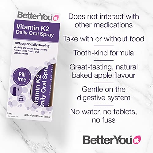 BetterYou Vitamin K2 Oral Spray for Bone Health - 25ml, Palm Oil Free | Supports Strong Bones & Dental Health, Easy-to-Use Daily Supplement