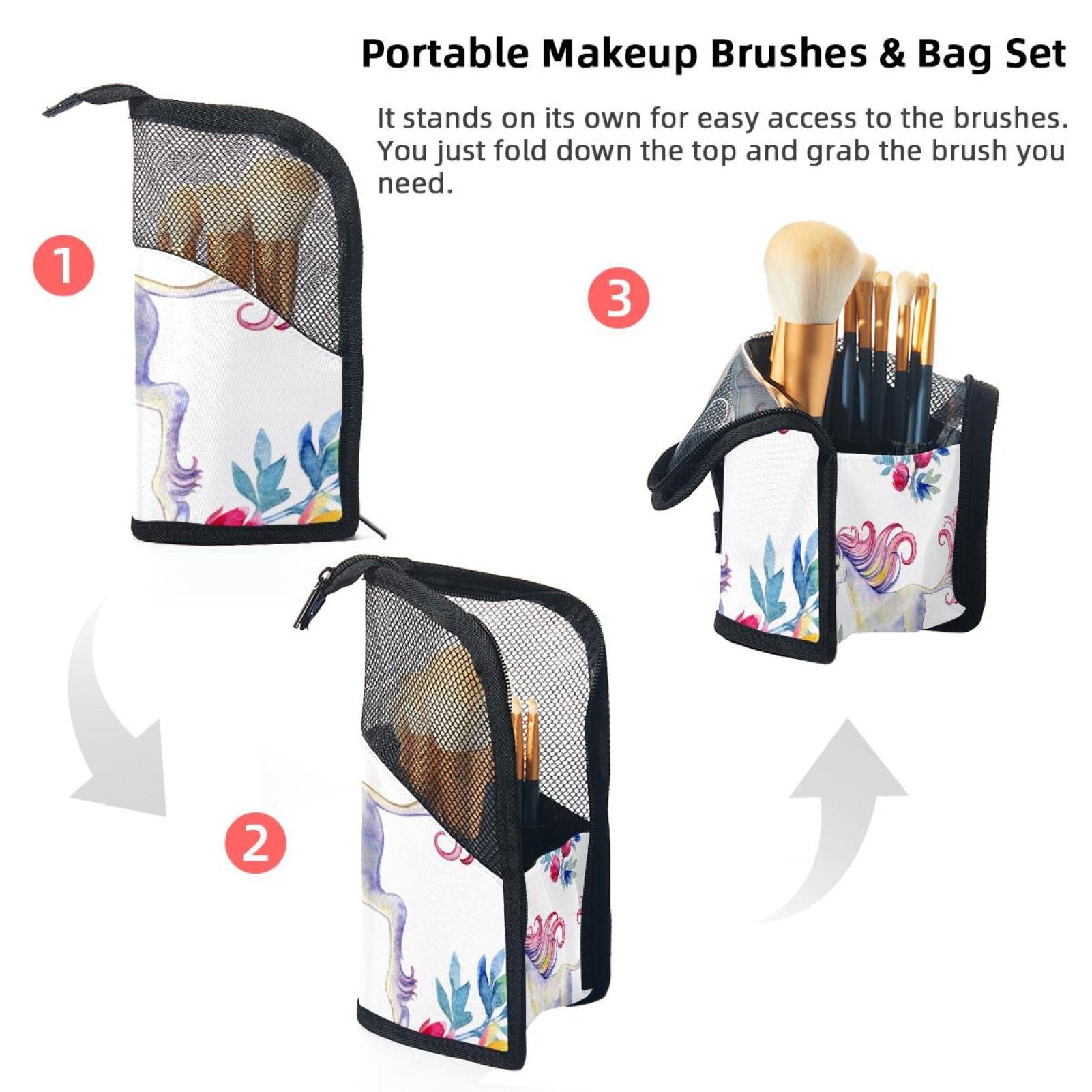 Waterproof Makeup Brush Organizer Bag with 12 Cosmetic Brushes - Unicorn & Floral Design Portable Travel Case for Professional Makeup Artists & Beauty Enthusiasts - Perfect for Home, Travel, and Salon Use