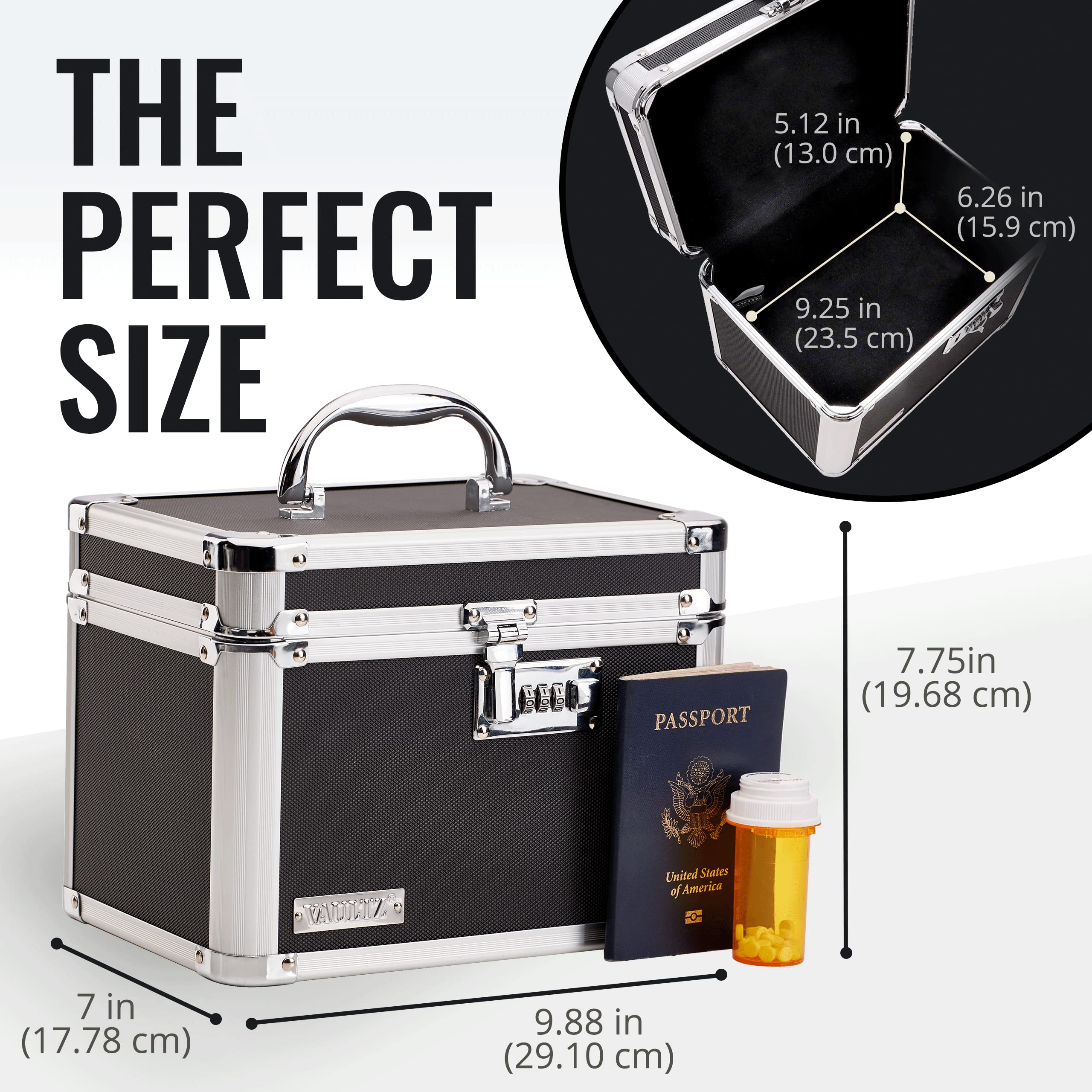 Vaultz Secure Combination Lock Box - 9.88 x 7.75 x 7 Inch Fireproof Safe for Documents, Money, Jewelry & Valuables - Black Chrome Storage Box for Home, Office & Travel Security