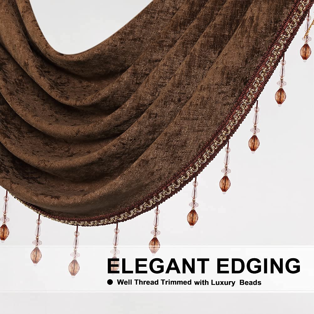 ELKCA Chocolate Chenille Waterfall Valance - Elegant Window Curtain for Living Room & Kitchen Decor - 4 Hollow Swags Design - 1 Panel - Perfect for Home, Bedroom, and Dining Room Decoration