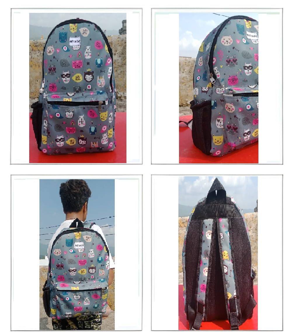 Stylish Water-Resistant Lightweight Backpack for Women & Girls - Perfect for School, College, Office & Casual Use (Medium Size, Grey Kitty Design)