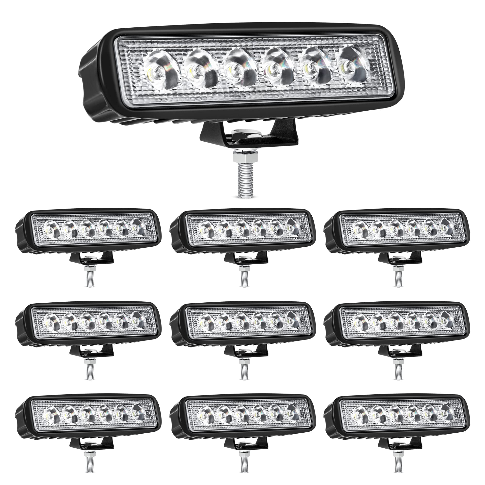 YITAMOTOR 10Pcs 6-Inch 18W LED Light Bar Pods - Single Row Spot Work Lights for Offroad, SUV, ATV, 4WD, Truck & Golf Cart - 12V/24V Waterproof Driving & Fog Lights - Perfect for Night Off-Roading, Marine Use & Emergency Lighting - 2 Year Warranty