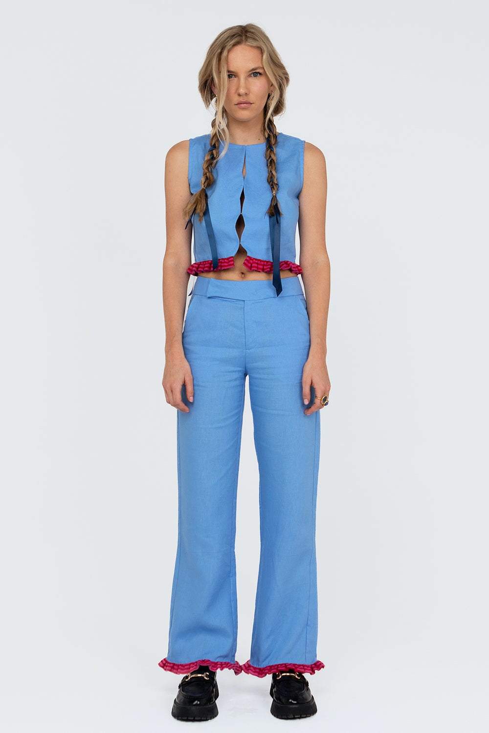 Blue Linen Bugambilia Pants for Women - Comfortable Summer Casual Trousers with Pockets - Perfect for Beach, Vacation & Everyday Wear