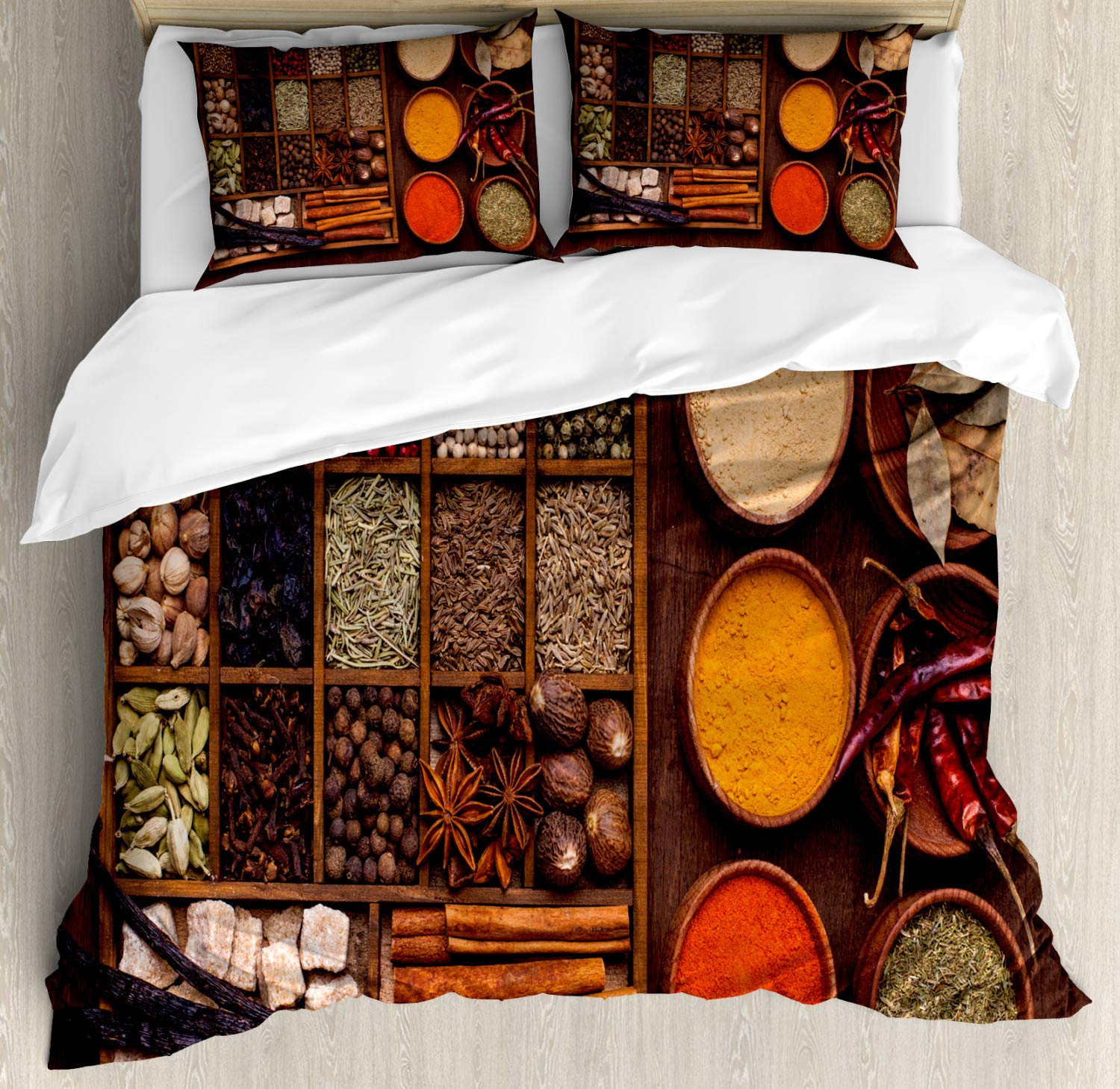 Ambesonne Spice Duvet Cover Set - Rustic Style Peppers, Cardamom, Chili, Cinnamon, Cloves, Garlic & Turmeric Print - 3 Piece King Size Bedding Set with 2 Pillow Shams - Multicolor Bohemian Decor for Farmhouse & Eclectic Bedrooms