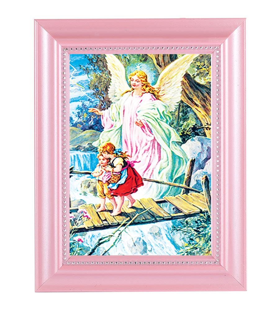 Guardian Angel Picture Framed Wall Art - Small Pearlized Pink Fluted Frame with Beaded Edge - Perfect for Nursery, Bedroom & Home Decor