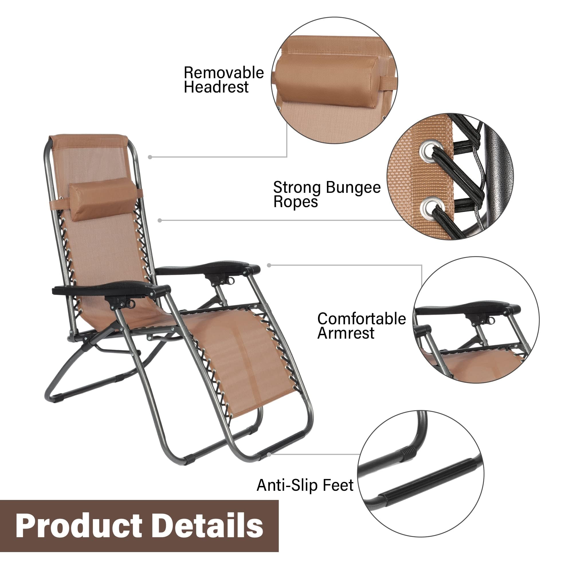 LUCKYERMORE Adjustable Textilene Zero Gravity Chairs Set of 2 - 300LB Capacity Outdoor Folding Recliners with Pillow, Portable Patio Lounge Chairs for Poolside, Beach, Backyard & Garden Relaxation (Brown) - Perfect for Sunbathing, Reading and Outdoor Napping
