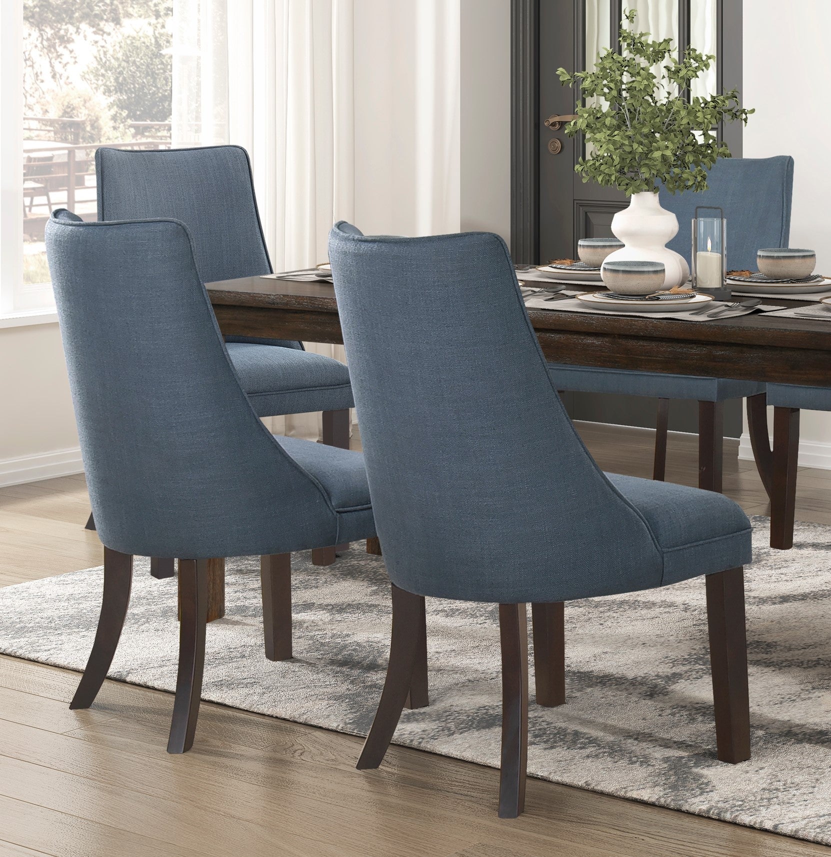Modern Blue Textured Fabric Upholstered Dining Chairs Set of 2 with Dark Walnut Wooden Legs - Kitchen & Dining Room Furniture for Home Decor