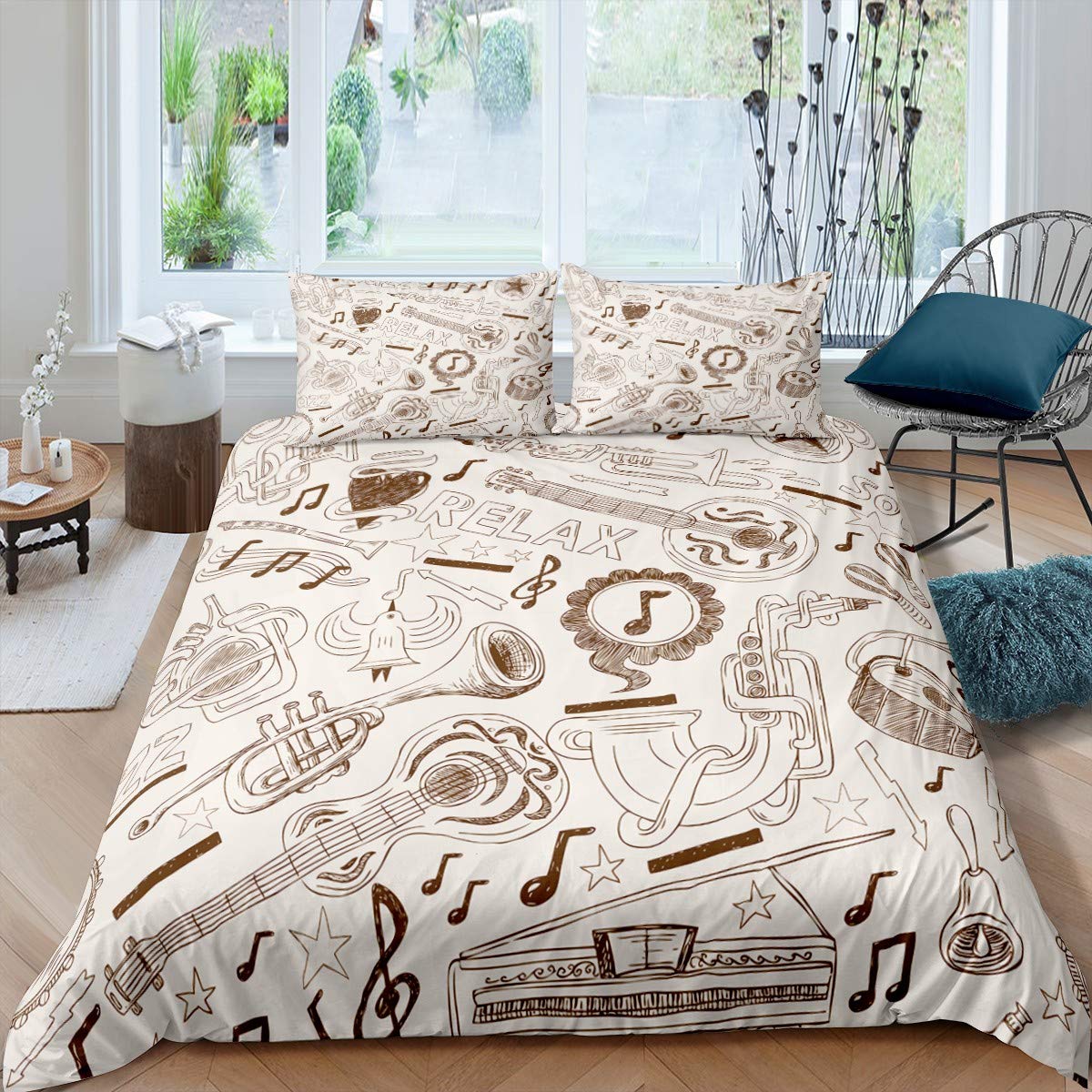 Feelyou Music Theme Comforter Cover Set - Twin Size 2-Piece Duvet Cover with Retro Piano Guitar Violin Trumpet Pattern - Vintage Bedding for Boys Girls Teens Bedroom Decor | Perfect for Music Lovers, Kids Rooms & Themed Bedroom Designs