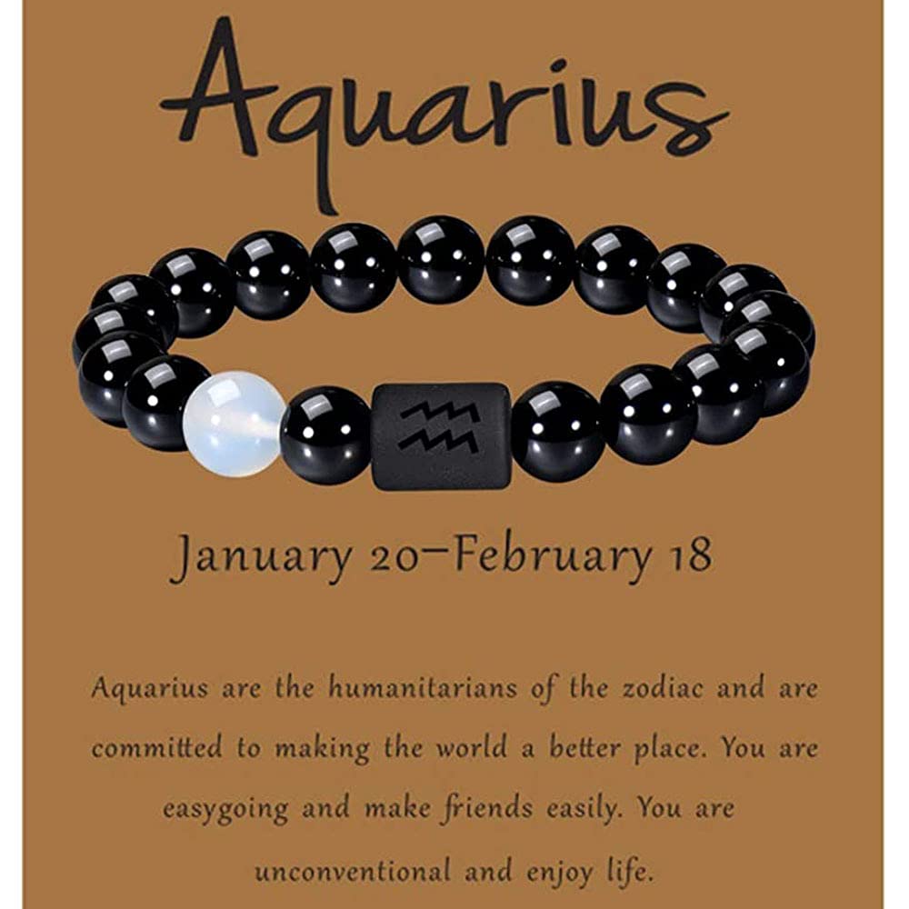 12 Zodiac Bracelet - Natural Black Onyx Stone Star Sign Constellation Horoscope Bracelet for All 12 Zodiac Signs | Stretchable Friendship & Couple Bracelet with Elastic Band | Perfect for Birthday Gifts, Anniversary Presents and Spiritual Healing Jewelry